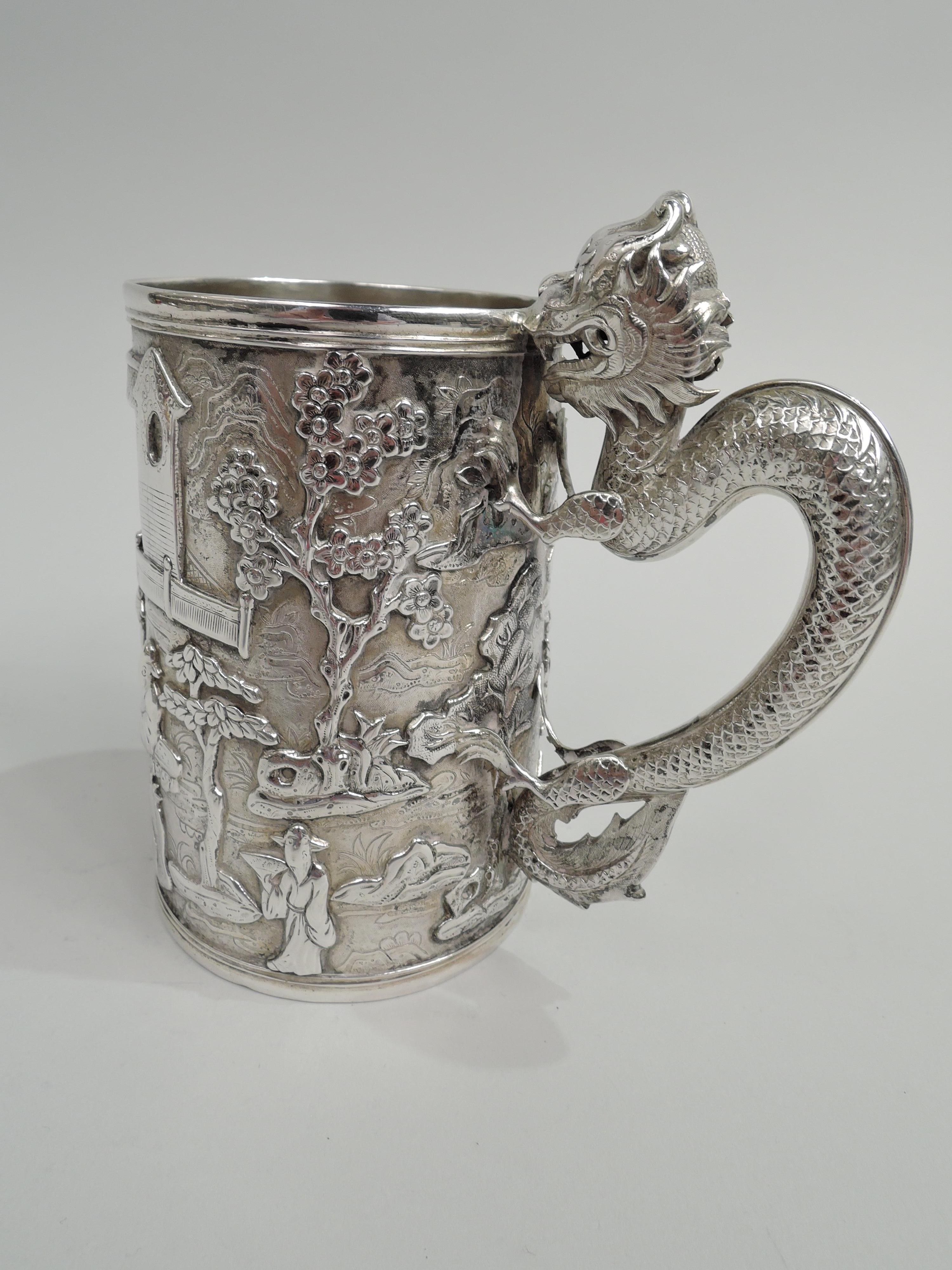 19th Century Antique Chinese Export Silver Mug with Dragon Handle For Sale