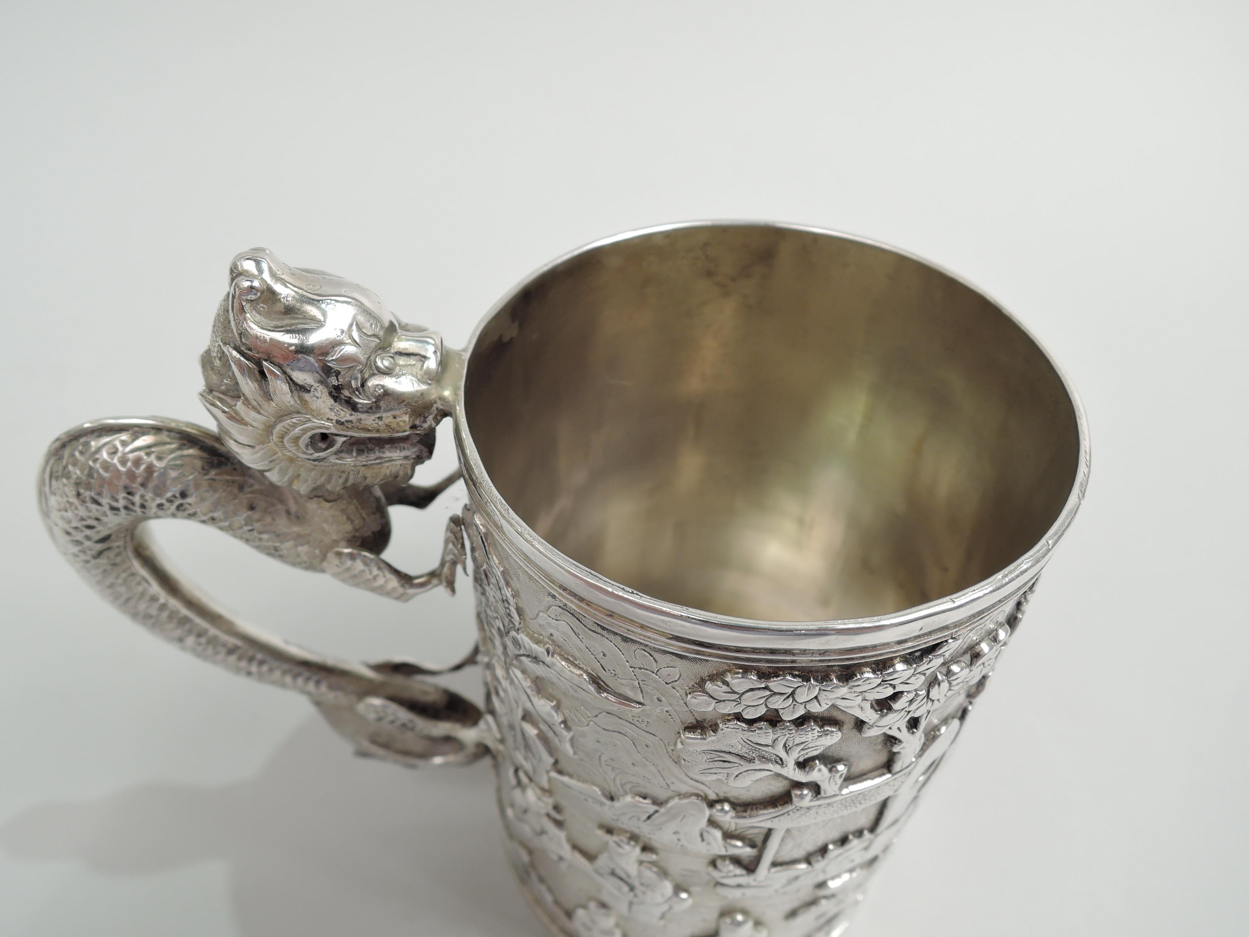 Antique Chinese Export Silver Mug with Dragon Handle For Sale 1