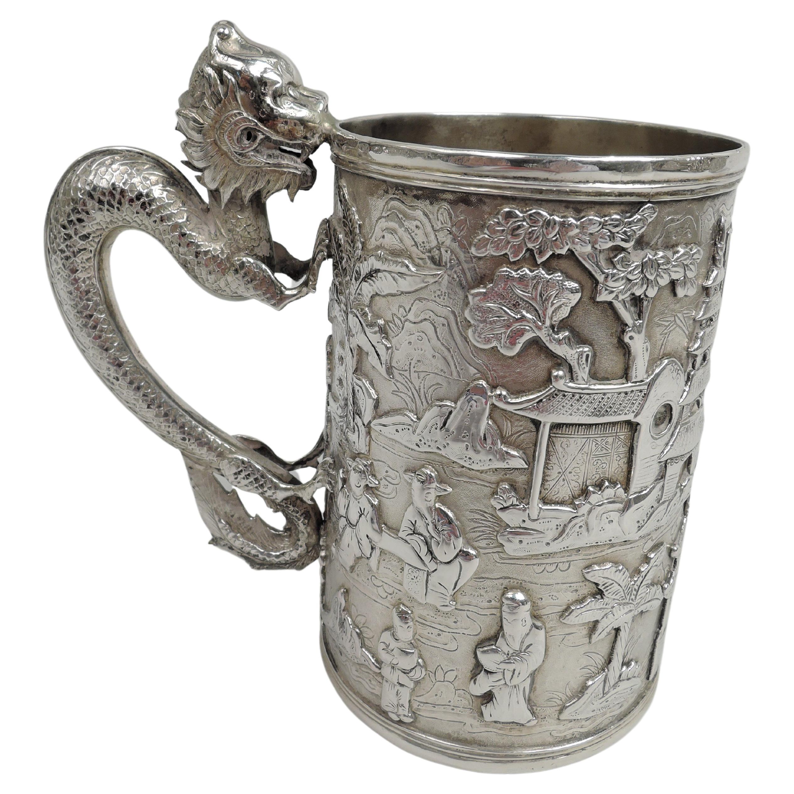 Antique Chinese Export Silver Mug with Dragon Handle For Sale