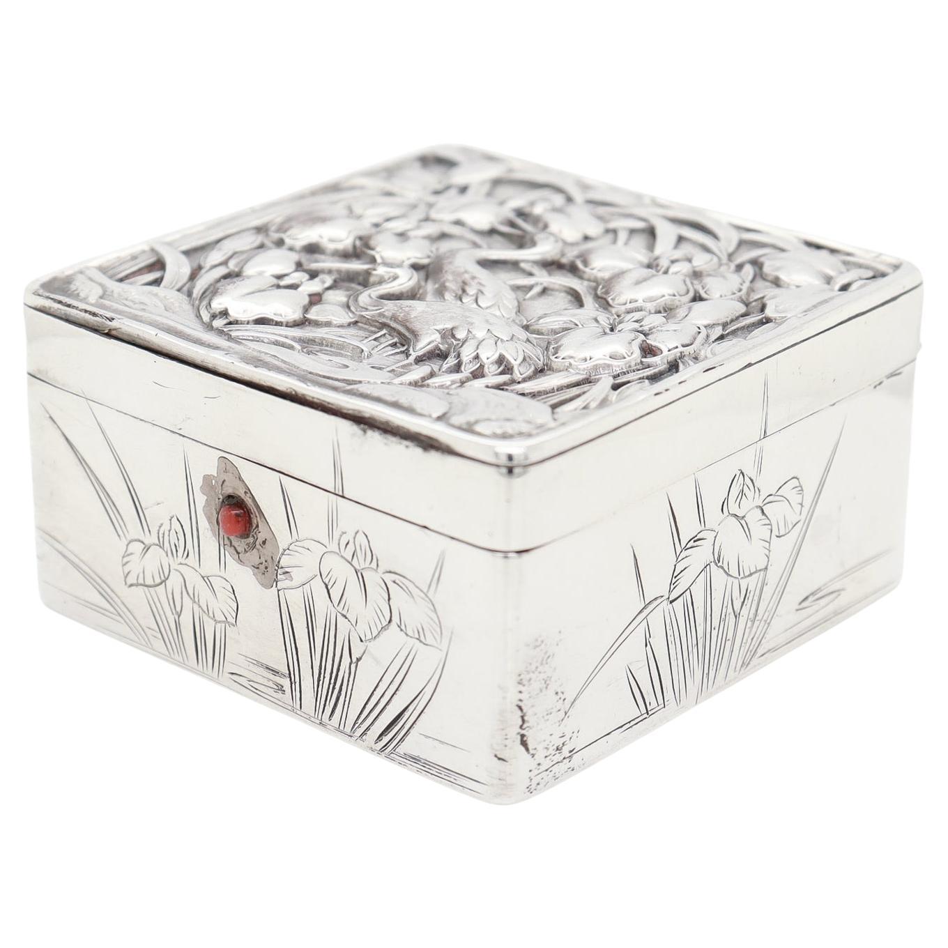 Antique Chinese Export Silver Repousse Box with Cranes in a River