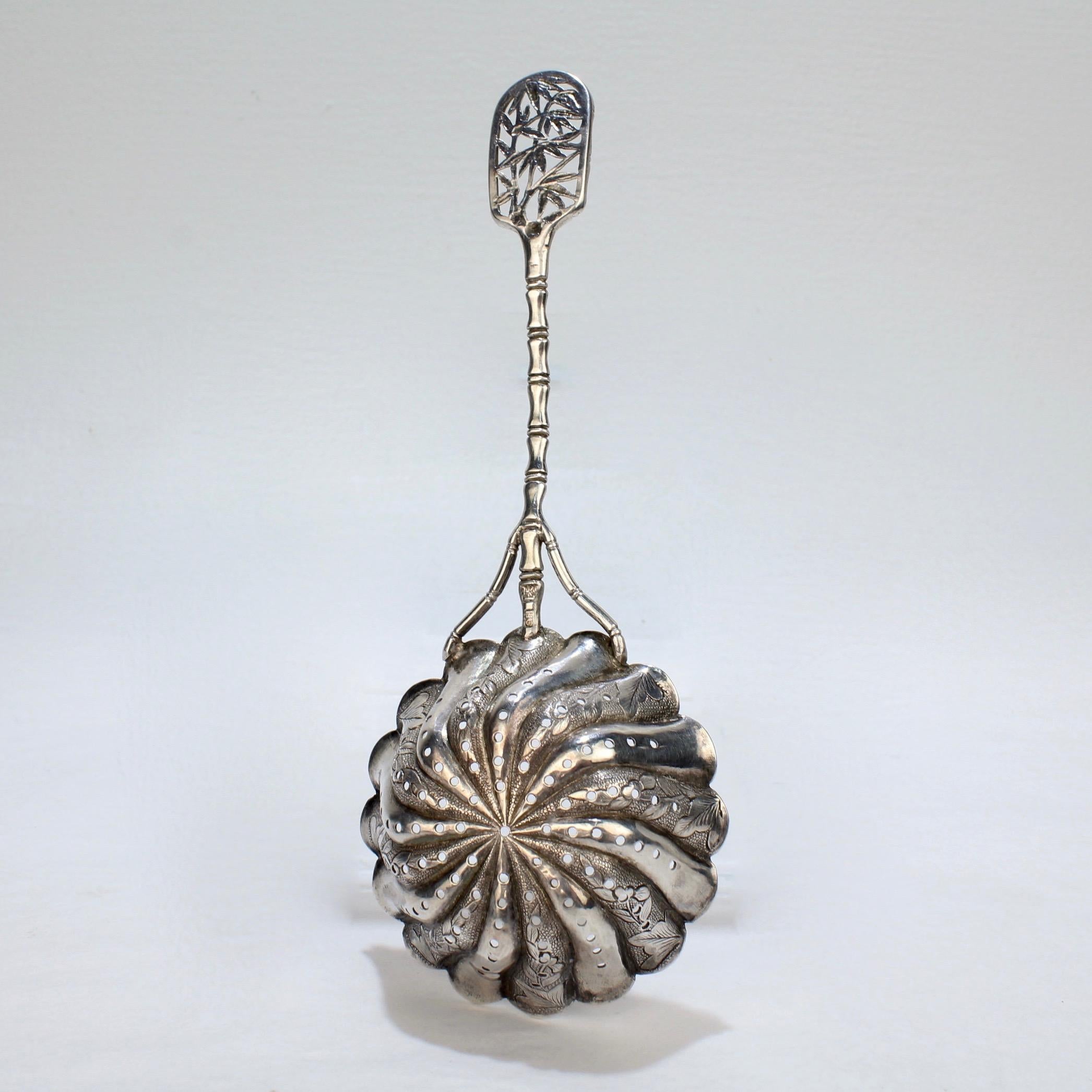Antique Chinese Export Silver Tea Strainer Marked HC for Hung Chong In Good Condition In Philadelphia, PA