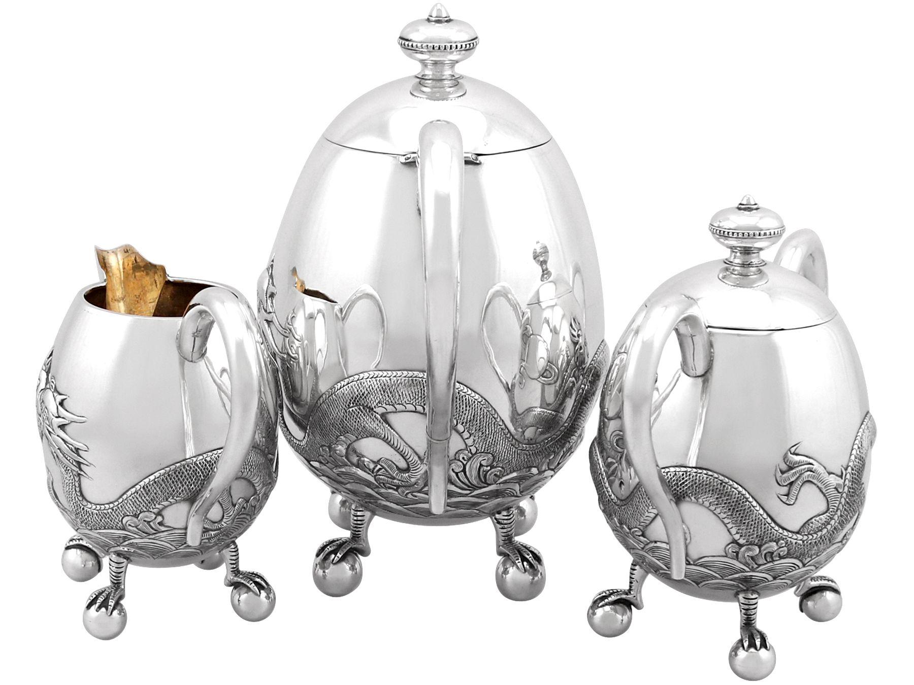 Chinese Export Silver Three Piece Tea Service - Antique Circa 1920

An exceptional, fine and impressive antique Chinese export silver three piece tea service; an addition to our diverse silver teaware collection

This exceptional antique Chinese