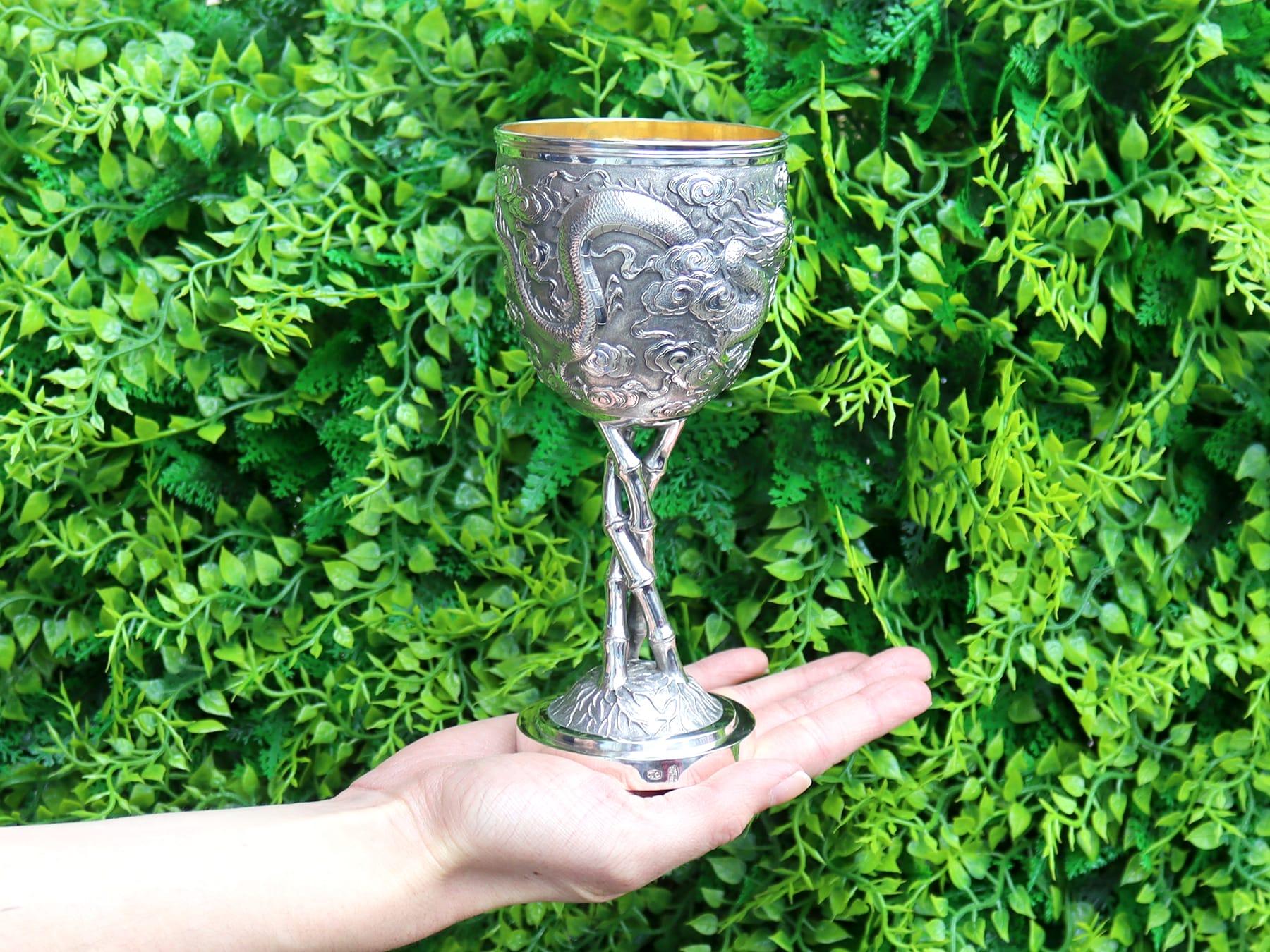An exceptional, fine and impressive antique Chinese Export Silver wine goblet; an addition to our wine and drinks related silverware collection.

This exceptional antique Chinese Export Silver (CES) goblet has a circular bell shaped form, to a