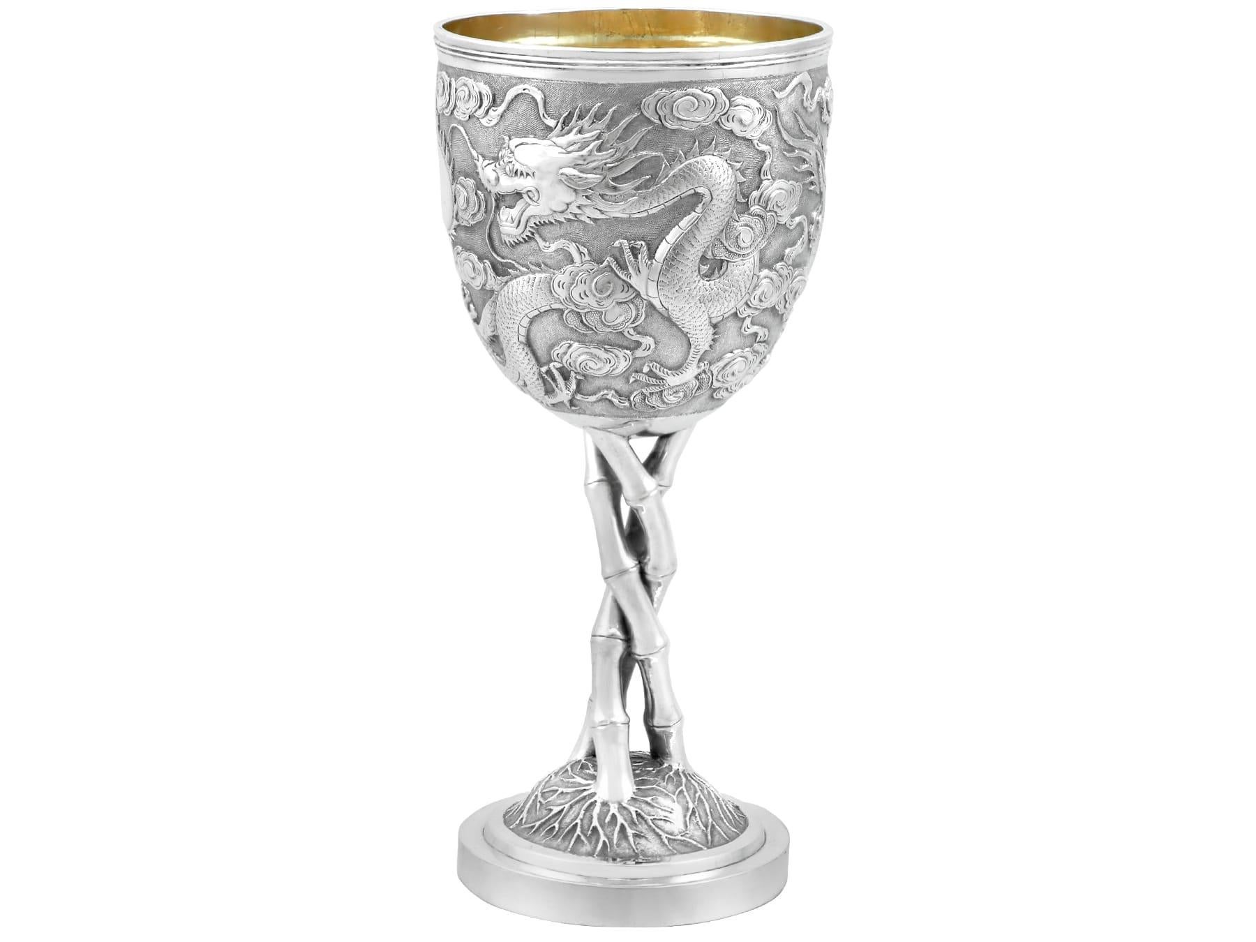 Antique Chinese Export Silver Wine Goblet By Tuck Chang & Co. In Excellent Condition For Sale In Jesmond, Newcastle Upon Tyne