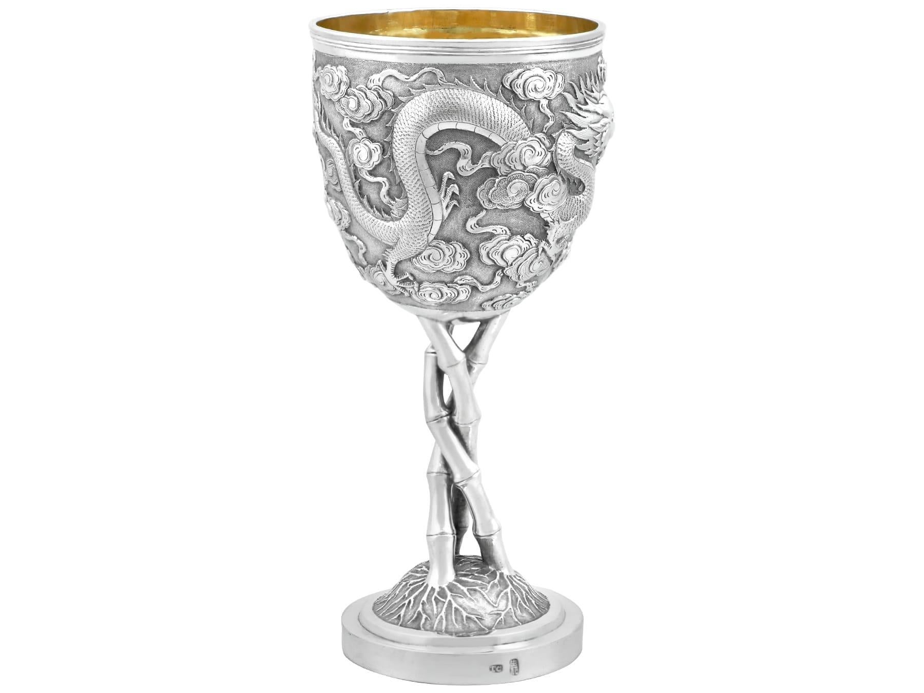 19th Century Antique Chinese Export Silver Wine Goblet By Tuck Chang & Co. For Sale
