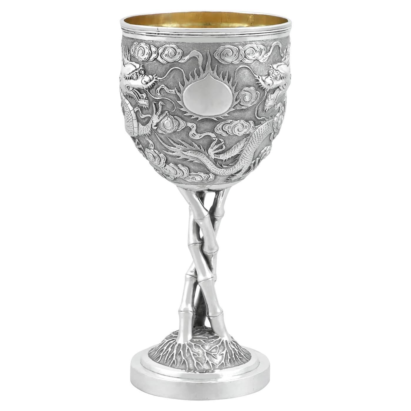 Antique Chinese Export Silver Wine Goblet By Tuck Chang & Co. For Sale