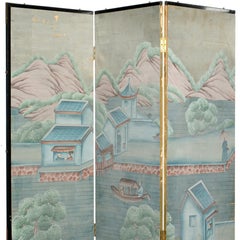 Antique Chinese Export Six Panel Watercolor Floor Screen, Hand-Painted