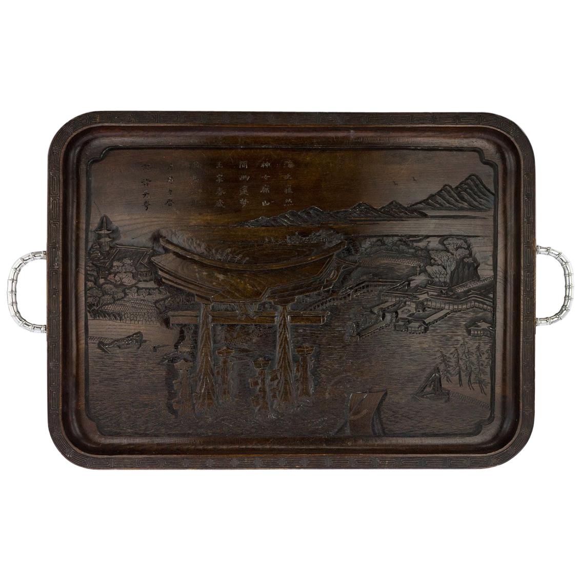 Antique Chinese Export Solid Silver and Carved Rosewood Tray, circa 1900