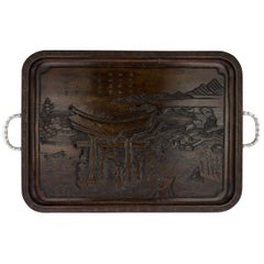 Antique Chinese Export Solid Silver and Carved Rosewood Tray, circa 1900