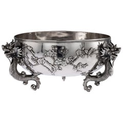 Antiguo cuenco de dragón de plata maciza de exportación china, Luen Wo, hacia 1890