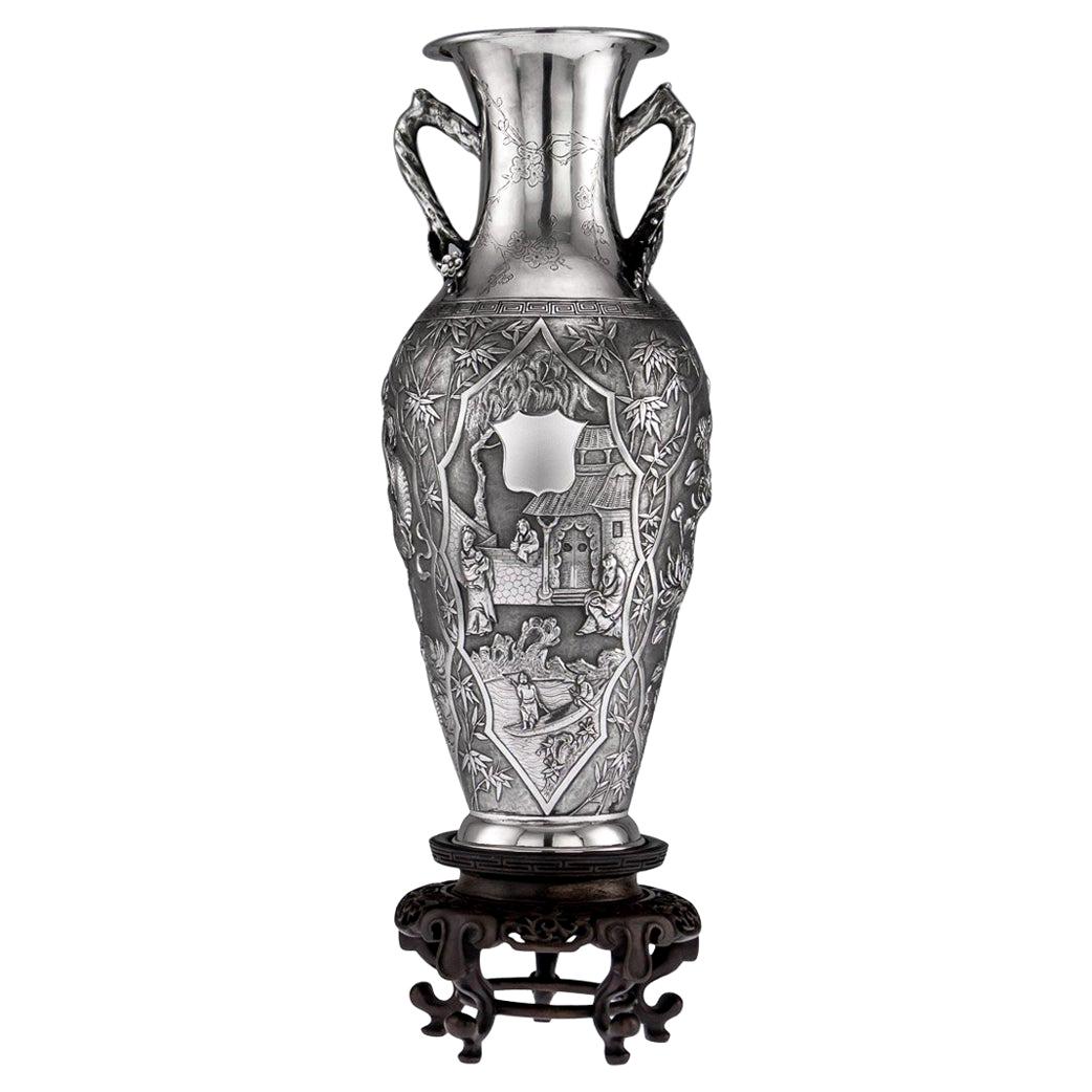 Antique Chinese Export Solid Silver Massive Vase, Cum Wo, circa 1890