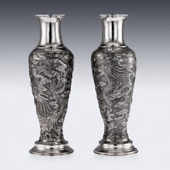 Antique Chinese Export Solid Silver Pair of Vases, Tuck Chang, circa 1880