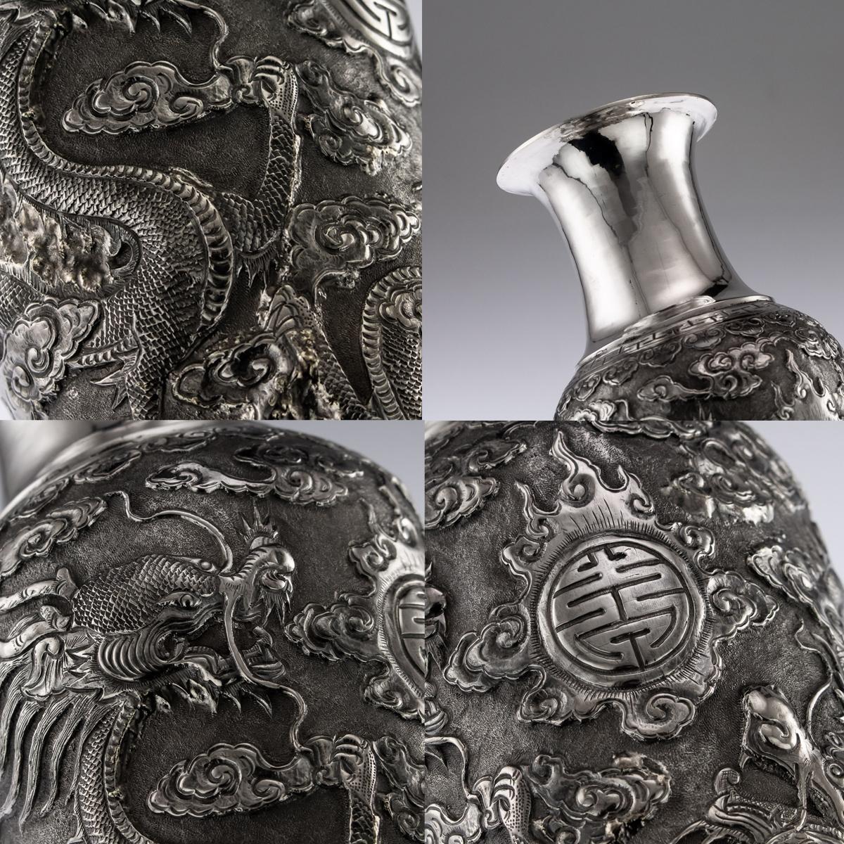 Antique Chinese Export Solid Silver Pair of Vases, Tuck Chang, circa 1880 2