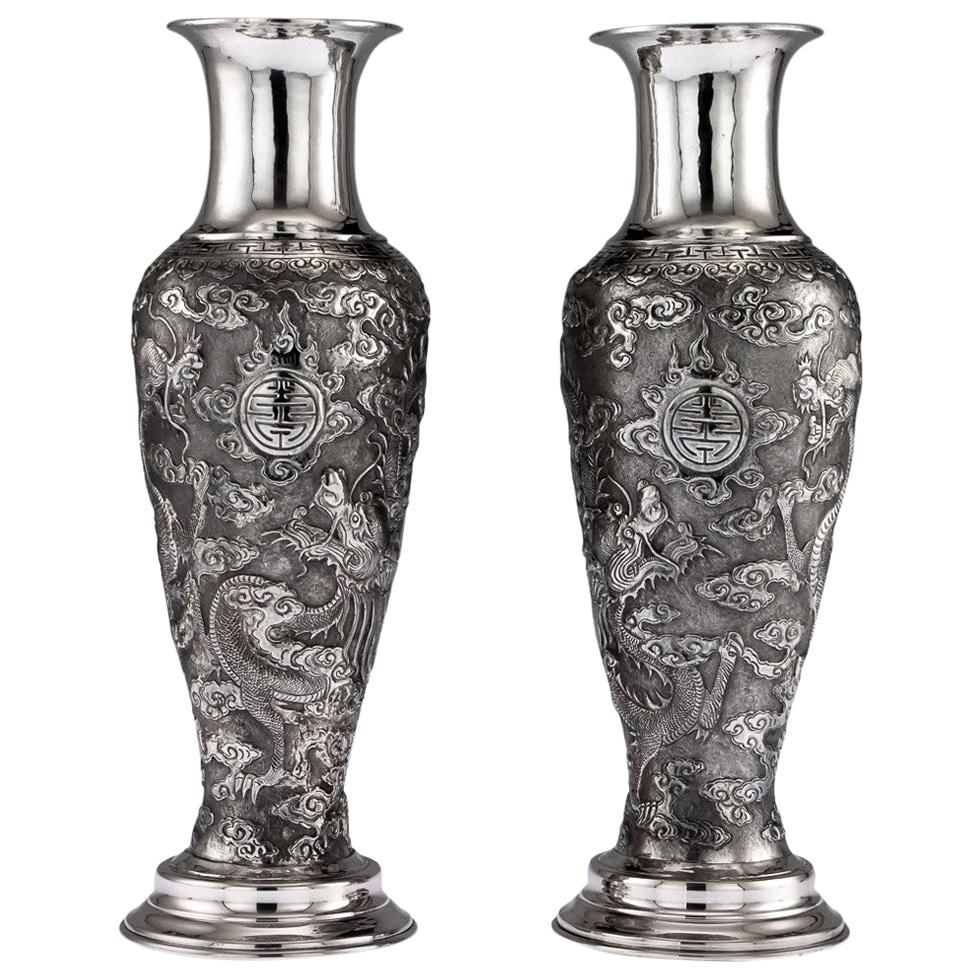 Antique Chinese Export Solid Silver Pair of Vases, Tuck Chang, circa 1880
