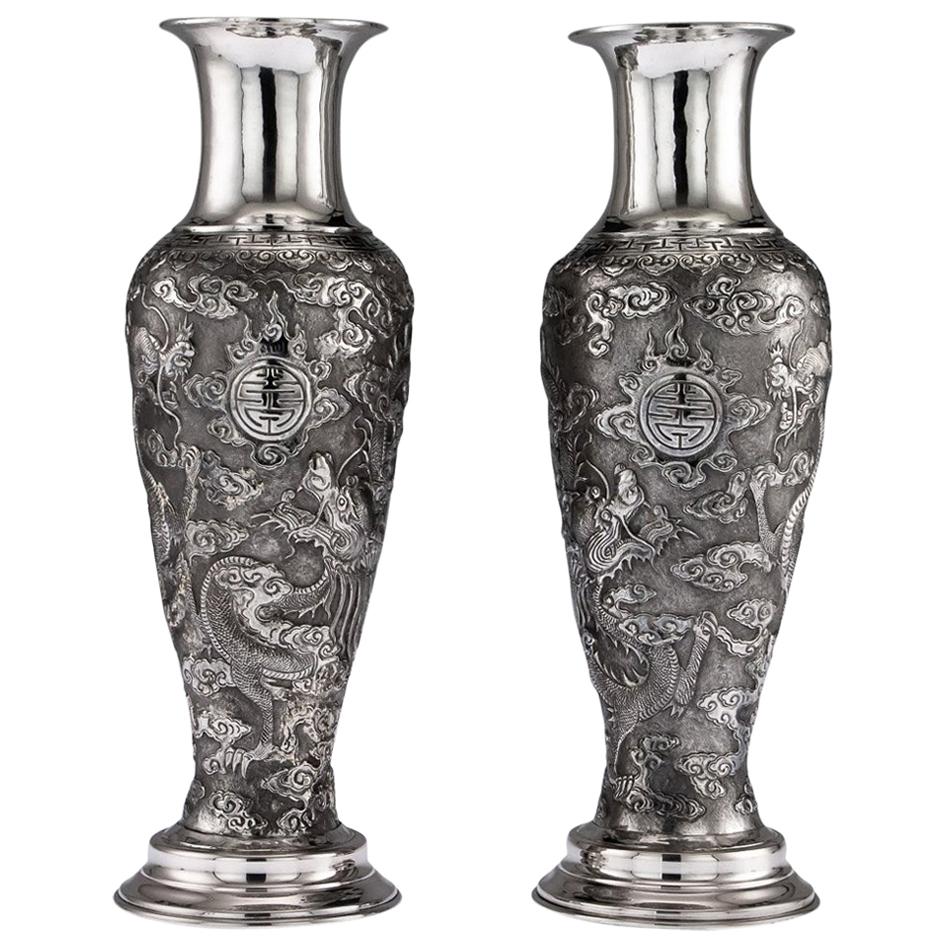 Antique Chinese Export Solid Silver Pair of Vases, Tuck Chang, circa 1880