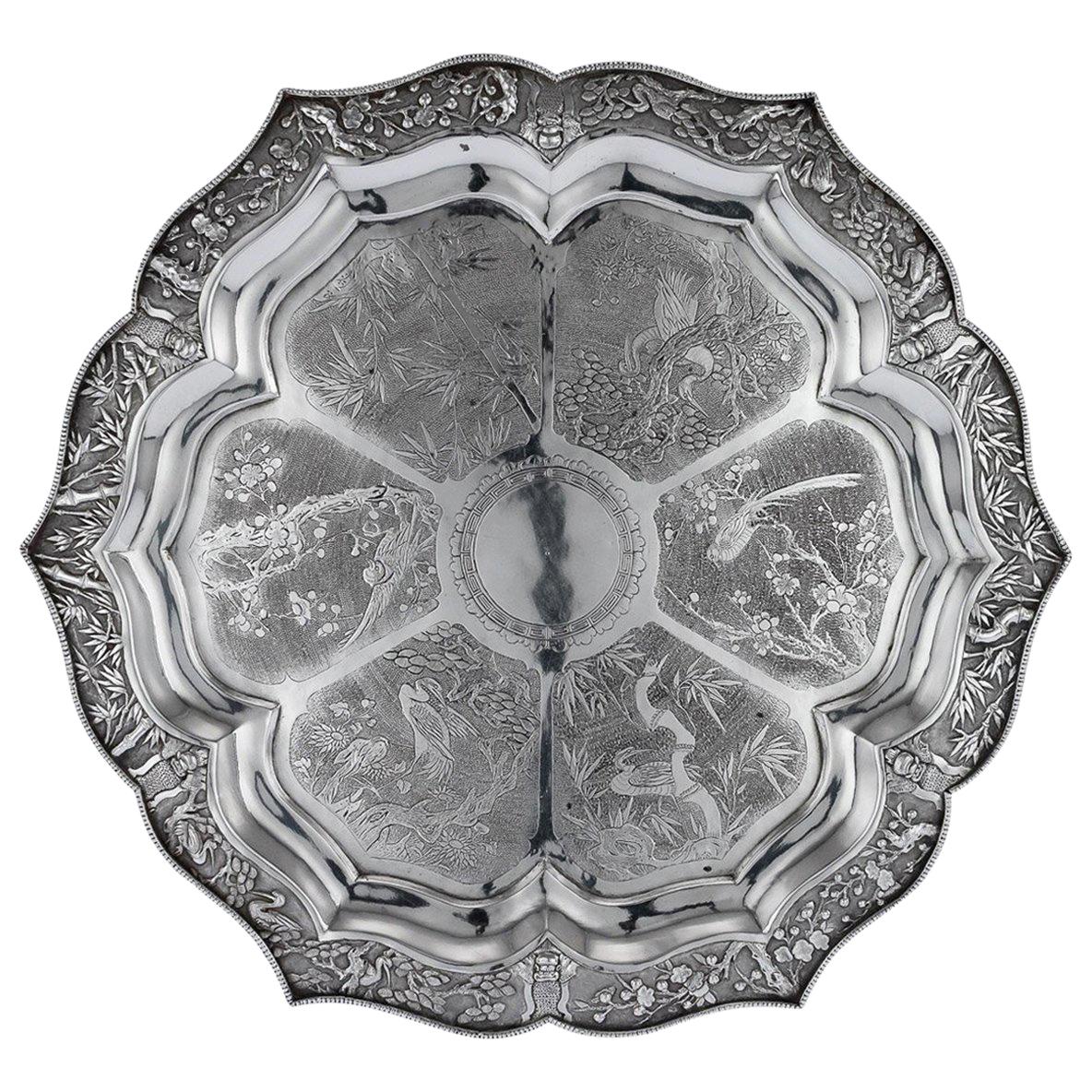Antique Chinese Export Solid Silver Salver, Houcheong, Canton, circa 1850