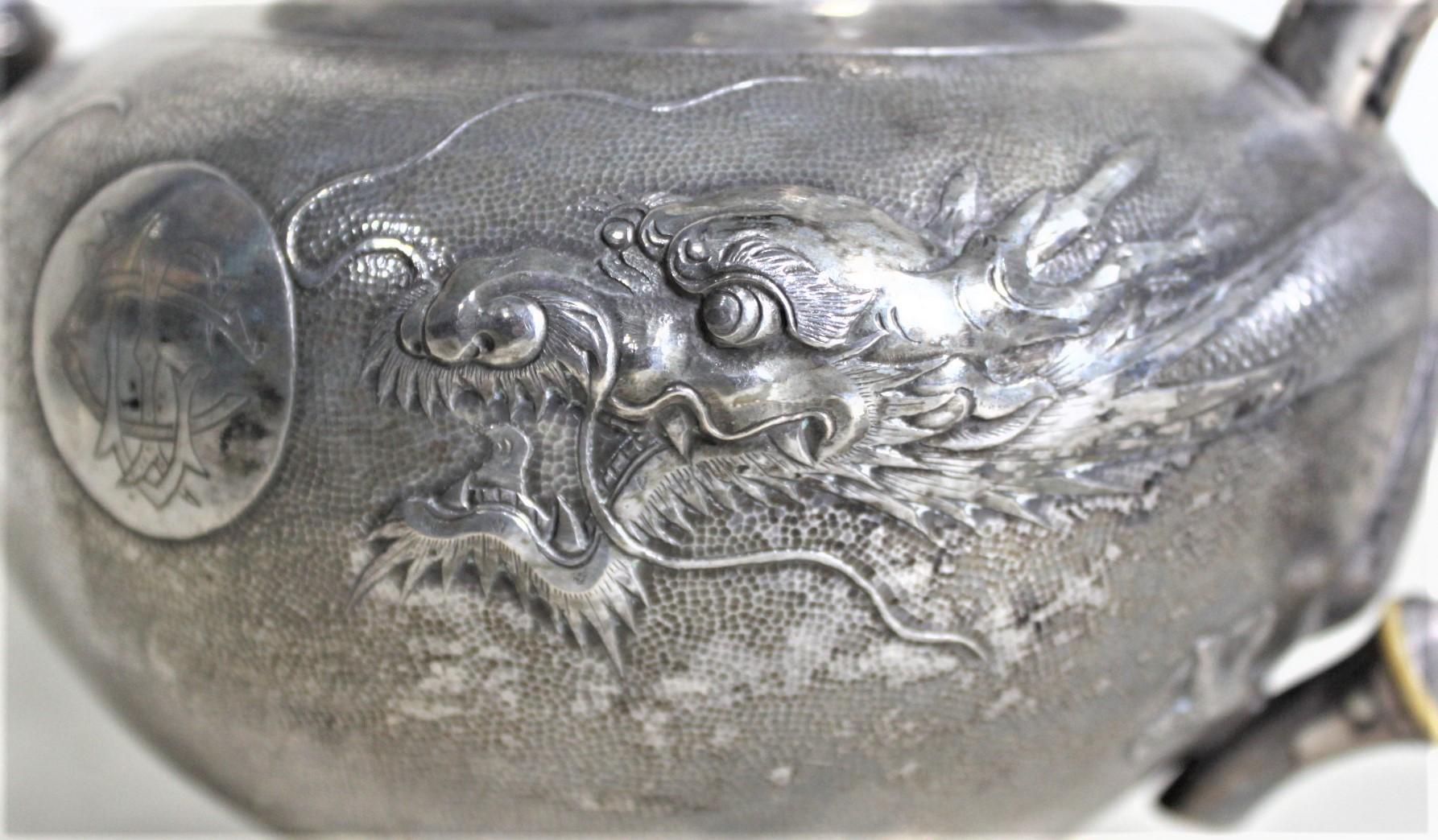 Antique Chinese Export Sterling Silver Tea Set with Dragon & Bamboo Decoration For Sale 3