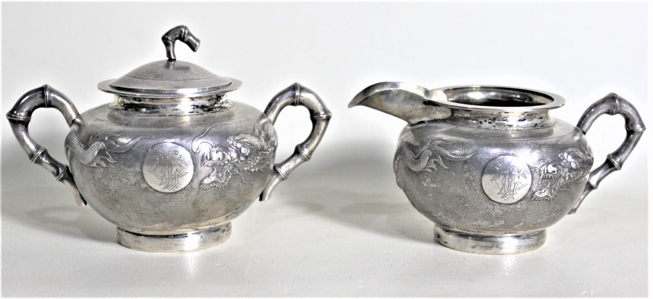 Antique Chinese Export Sterling Silver Tea Set with Dragon & Bamboo Decoration For Sale 6