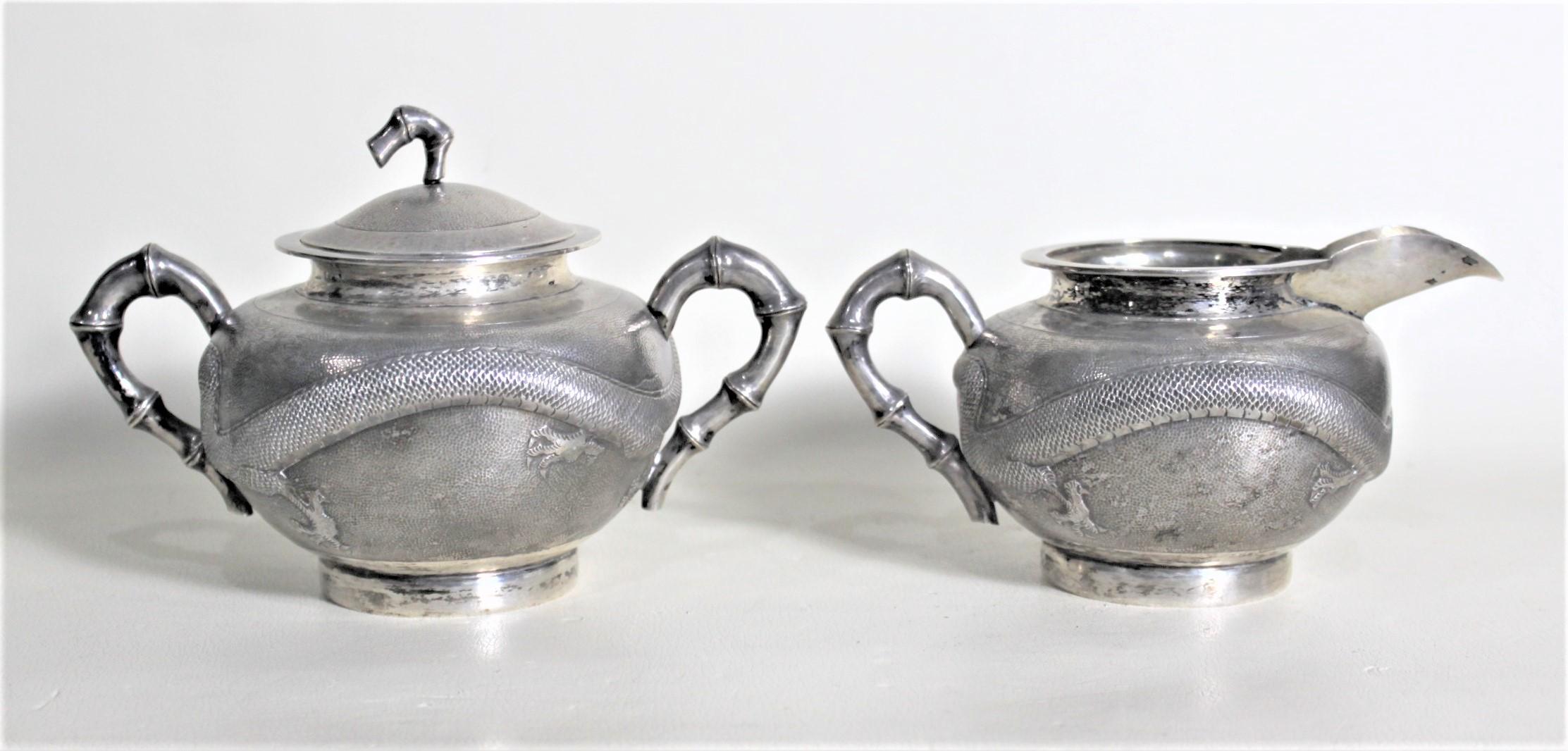 Antique Chinese Export Sterling Silver Tea Set with Dragon & Bamboo Decoration For Sale 7