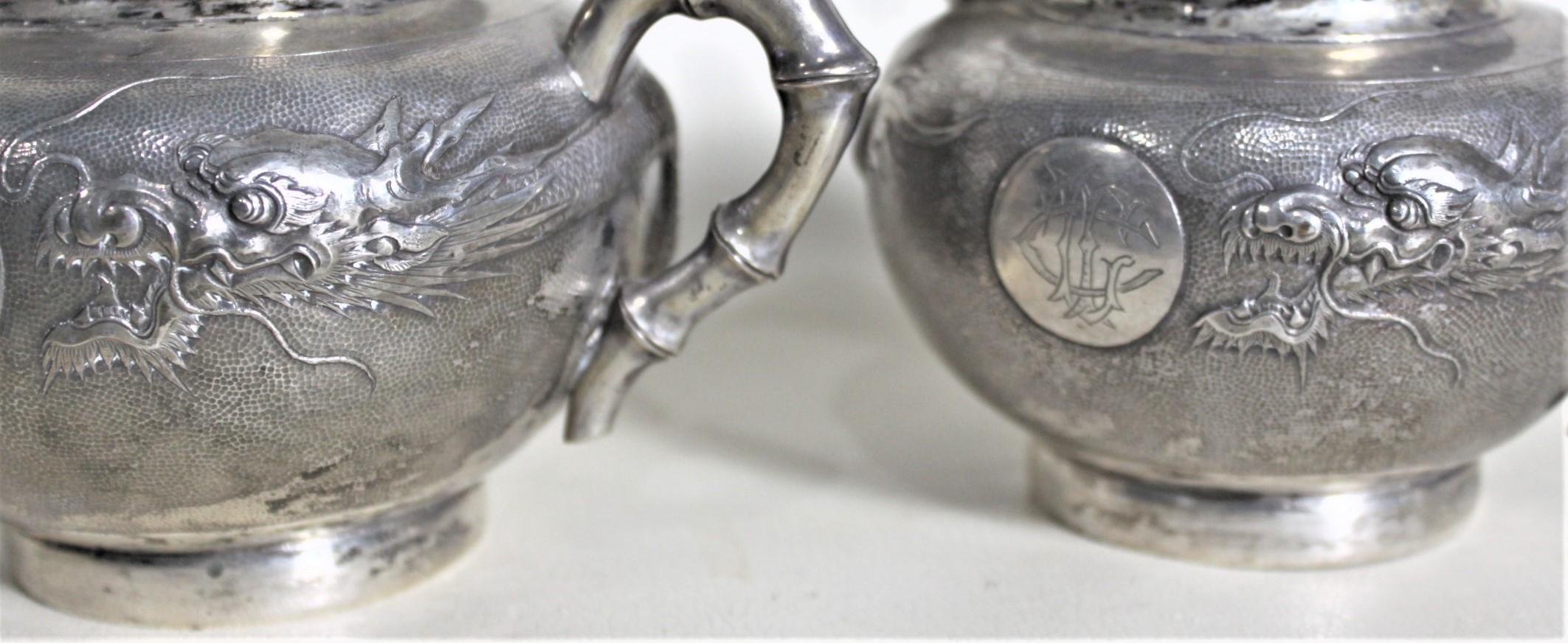Antique Chinese Export Sterling Silver Tea Set with Dragon & Bamboo Decoration For Sale 10