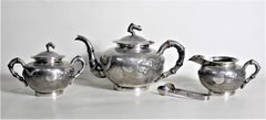 Antique Chinese Export Sterling Silver Tea Set with Dragon & Bamboo Decoration
