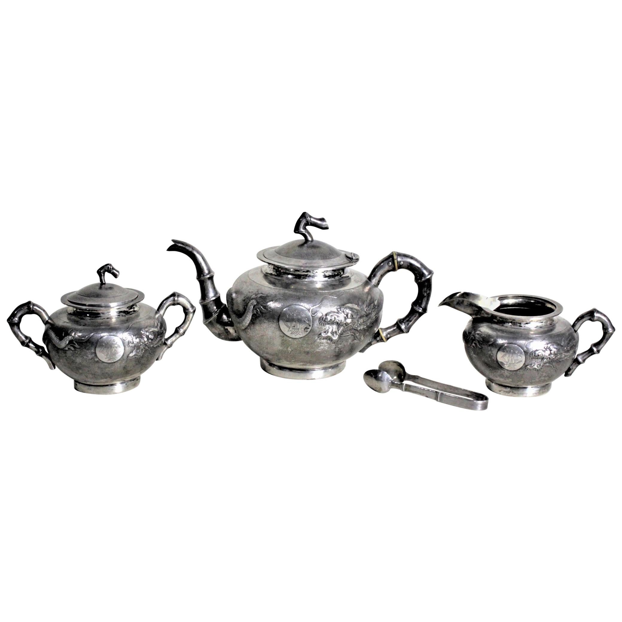 Antique Chinese Export Sterling Silver Tea Set with Dragon & Bamboo Decoration