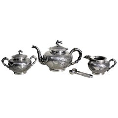 Used Chinese Export Sterling Silver Tea Set with Dragon & Bamboo Decoration