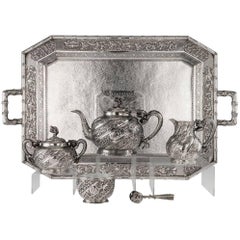 Antique Chinese Export Tu Qing Yun Solid Silver Dragon Tea Service, circa 1900