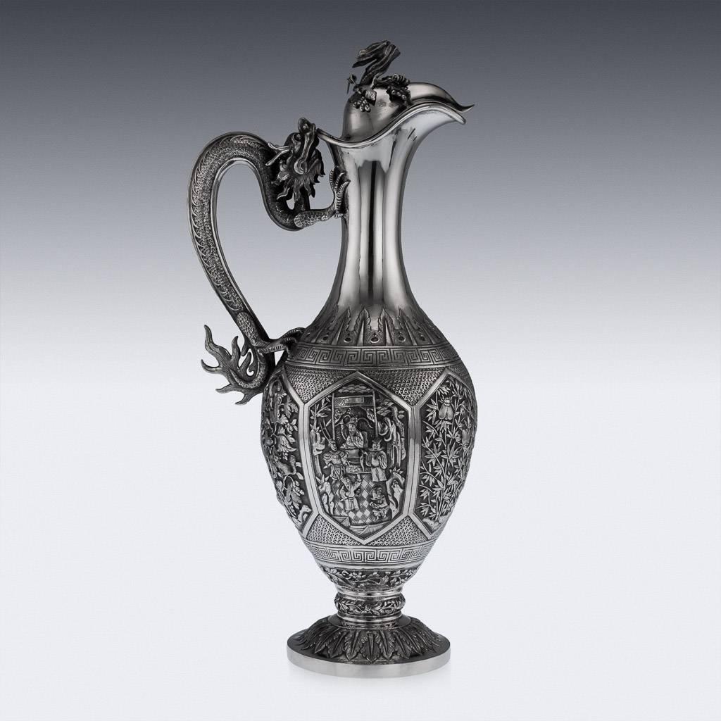 Antique Chinese Export Wang Hing Solid Silver Massive Wine Ewer, circa 1890 In Excellent Condition In Royal Tunbridge Wells, Kent