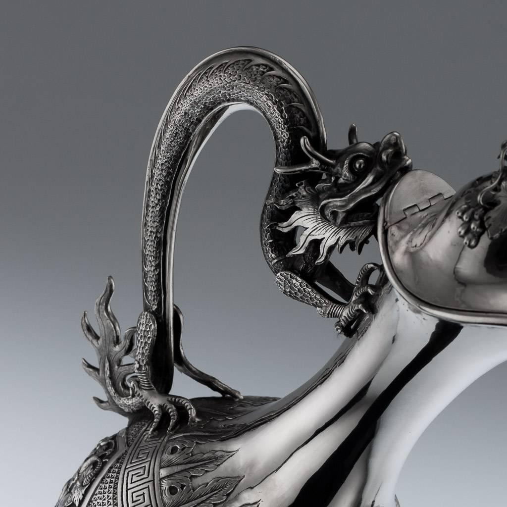 Antique Chinese Export Wang Hing Solid Silver Massive Wine Ewer, circa 1890 3