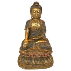 Antique Chinese Extra Large Sitting Cloisonné Buddha Gold Leaf
