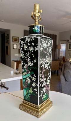 Antique Chinese Famille Noire Porcelain Square Vase Table Lamp