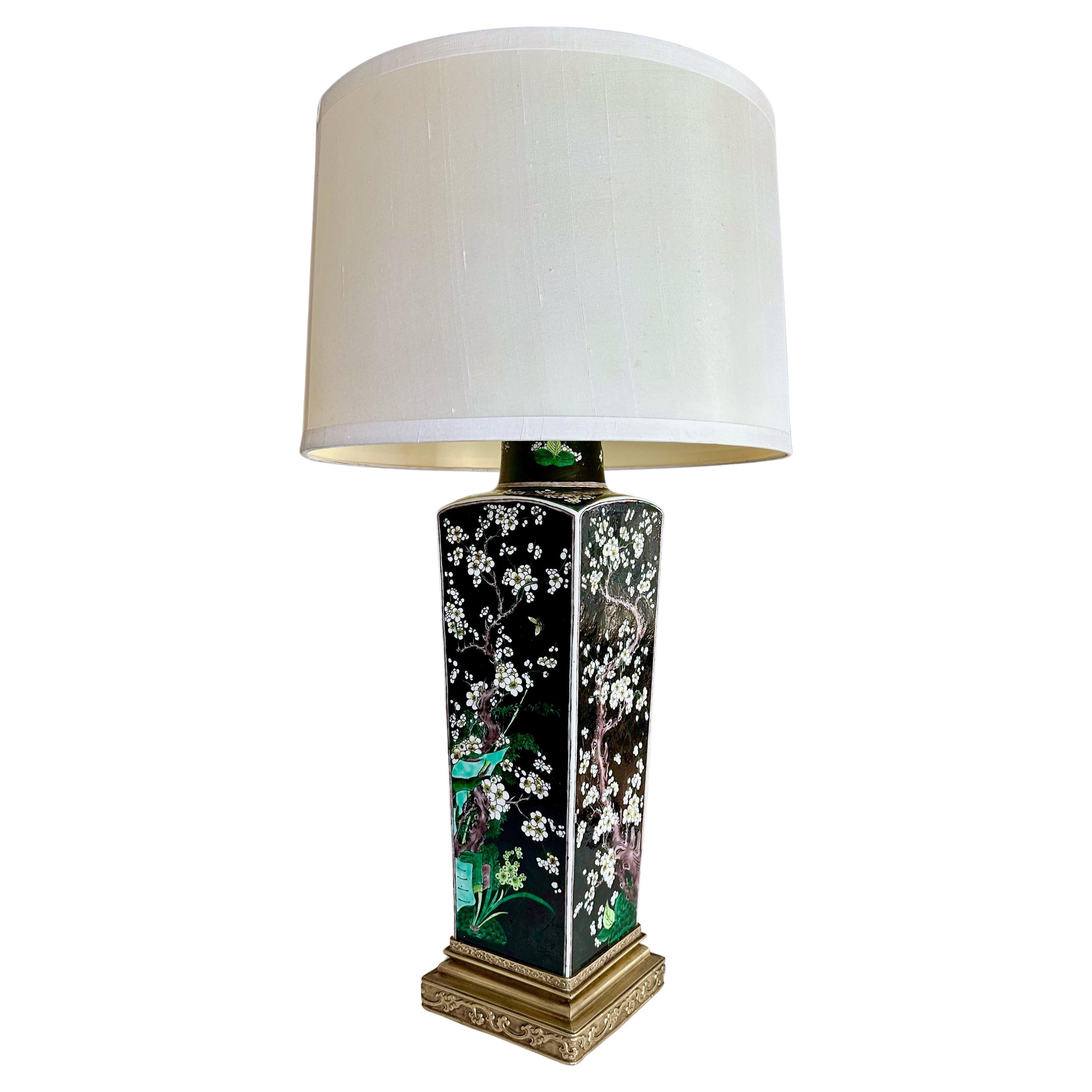 Antique Chinese Famille Noire Porcelain Square Vase Table Lamp