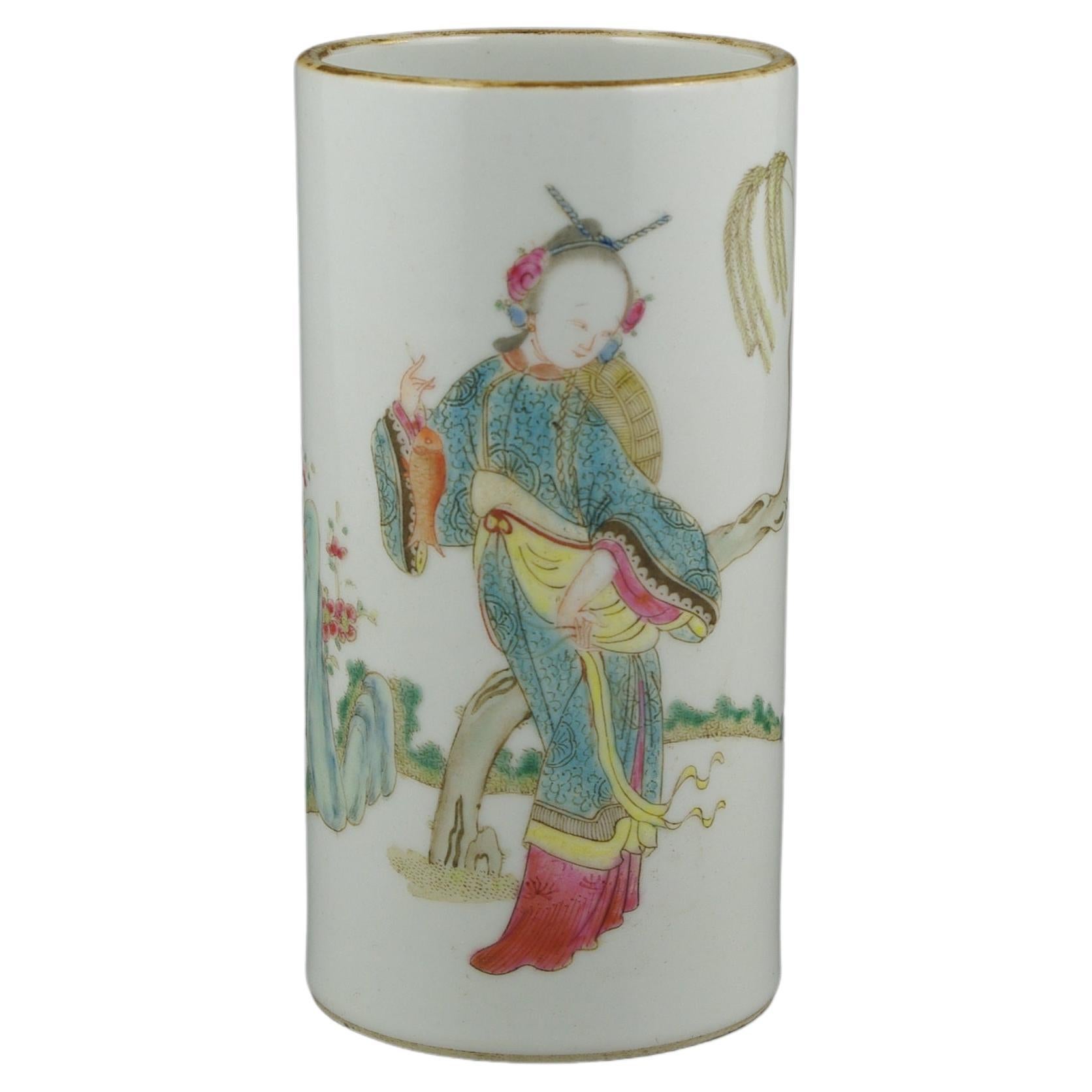 Porcelain Antique Chinese Famille Rose Brush Pot Finely Painted Fencai Early 20th Cen ROC For Sale