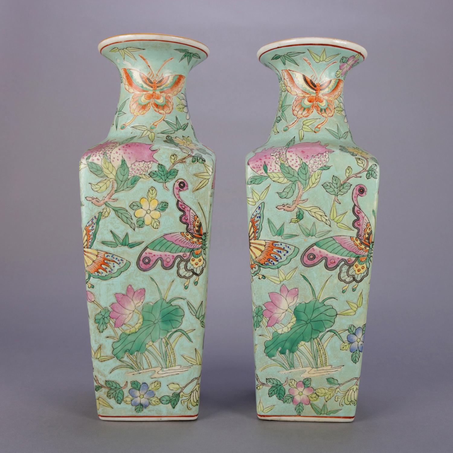 Antique Chinese Famille Rose Enameled Butterfly Ceramic Signed Vases, circa 1900 In Good Condition In Big Flats, NY