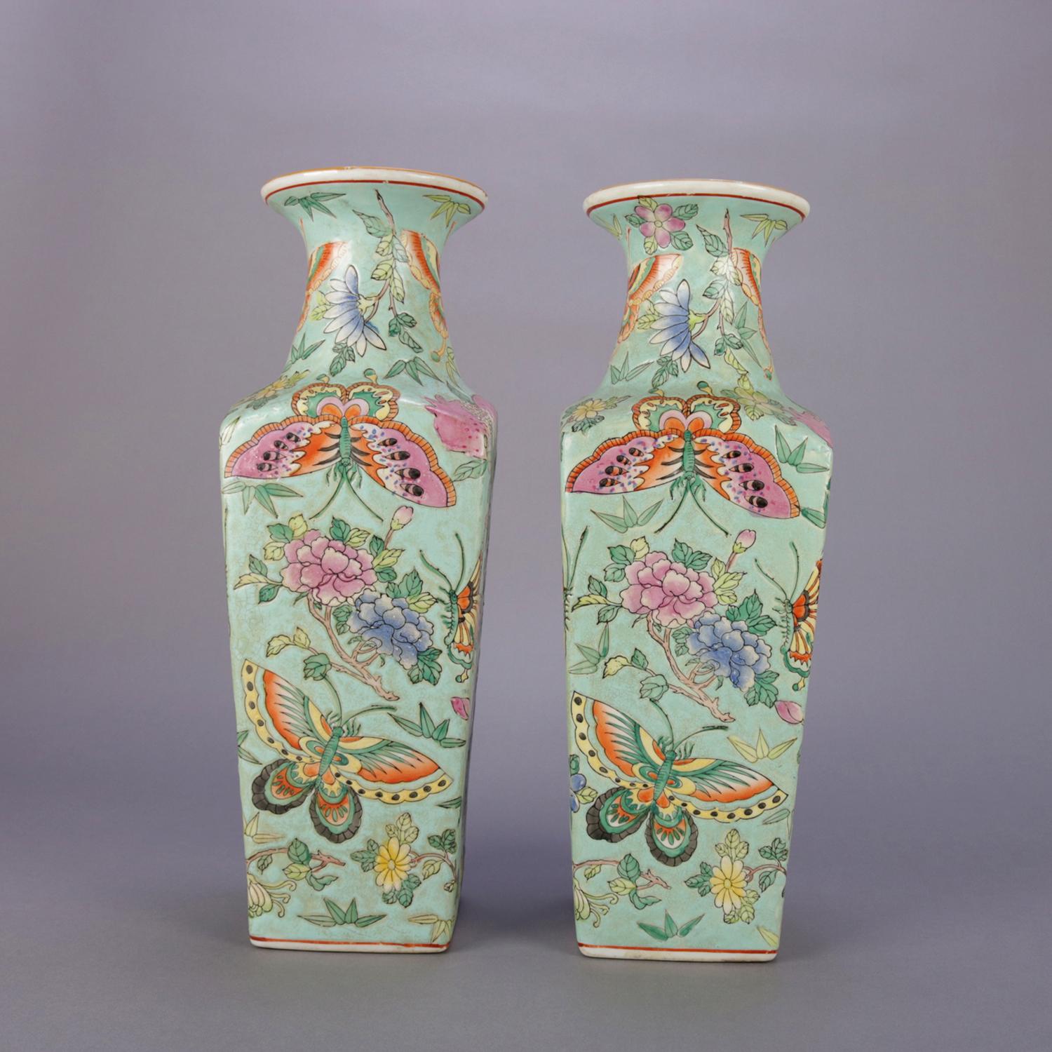 20th Century Antique Chinese Famille Rose Enameled Butterfly Ceramic Signed Vases, circa 1900