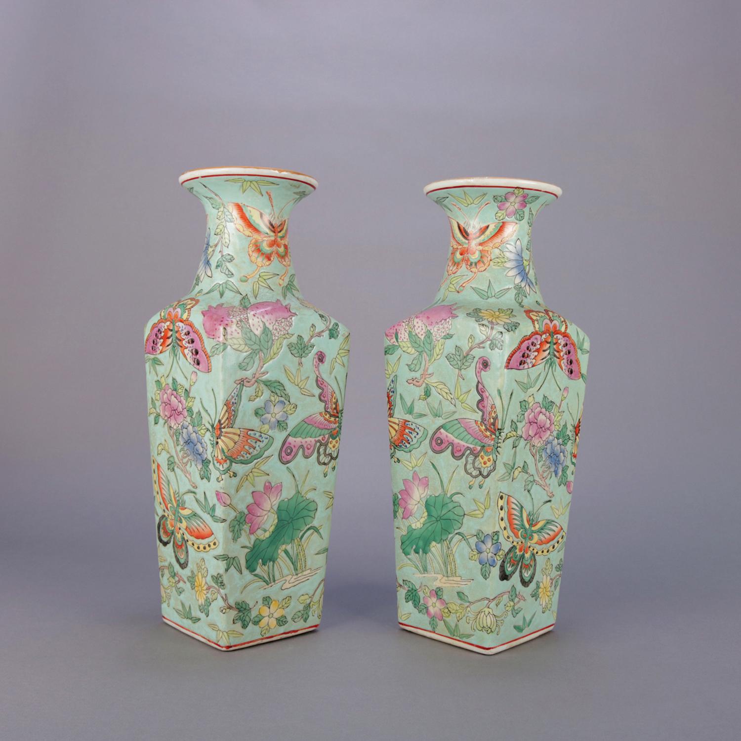 Antique Chinese Famille Rose Enameled Butterfly Ceramic Signed Vases, circa 1900 1
