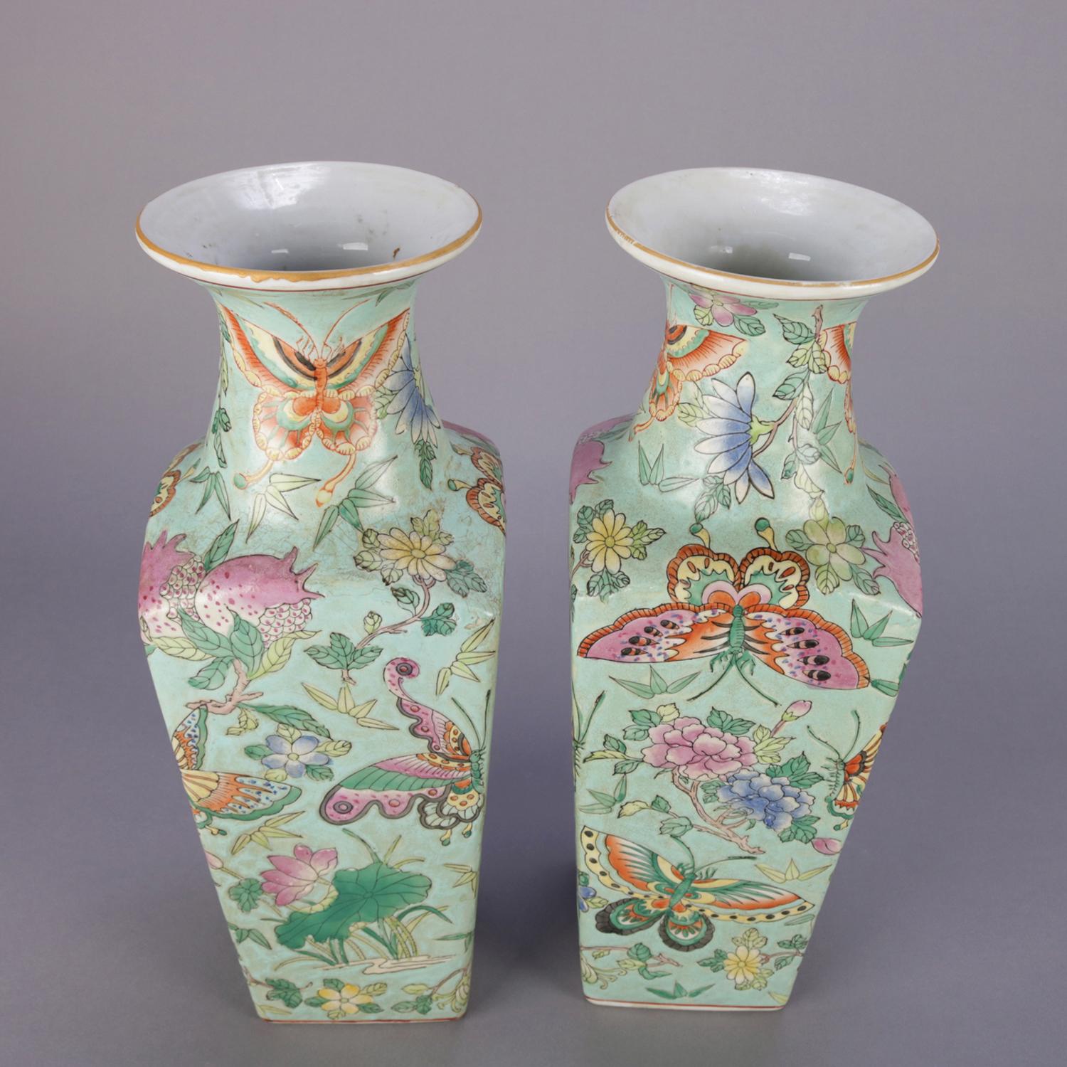 Antique Chinese Famille Rose Enameled Butterfly Ceramic Signed Vases, circa 1900 2