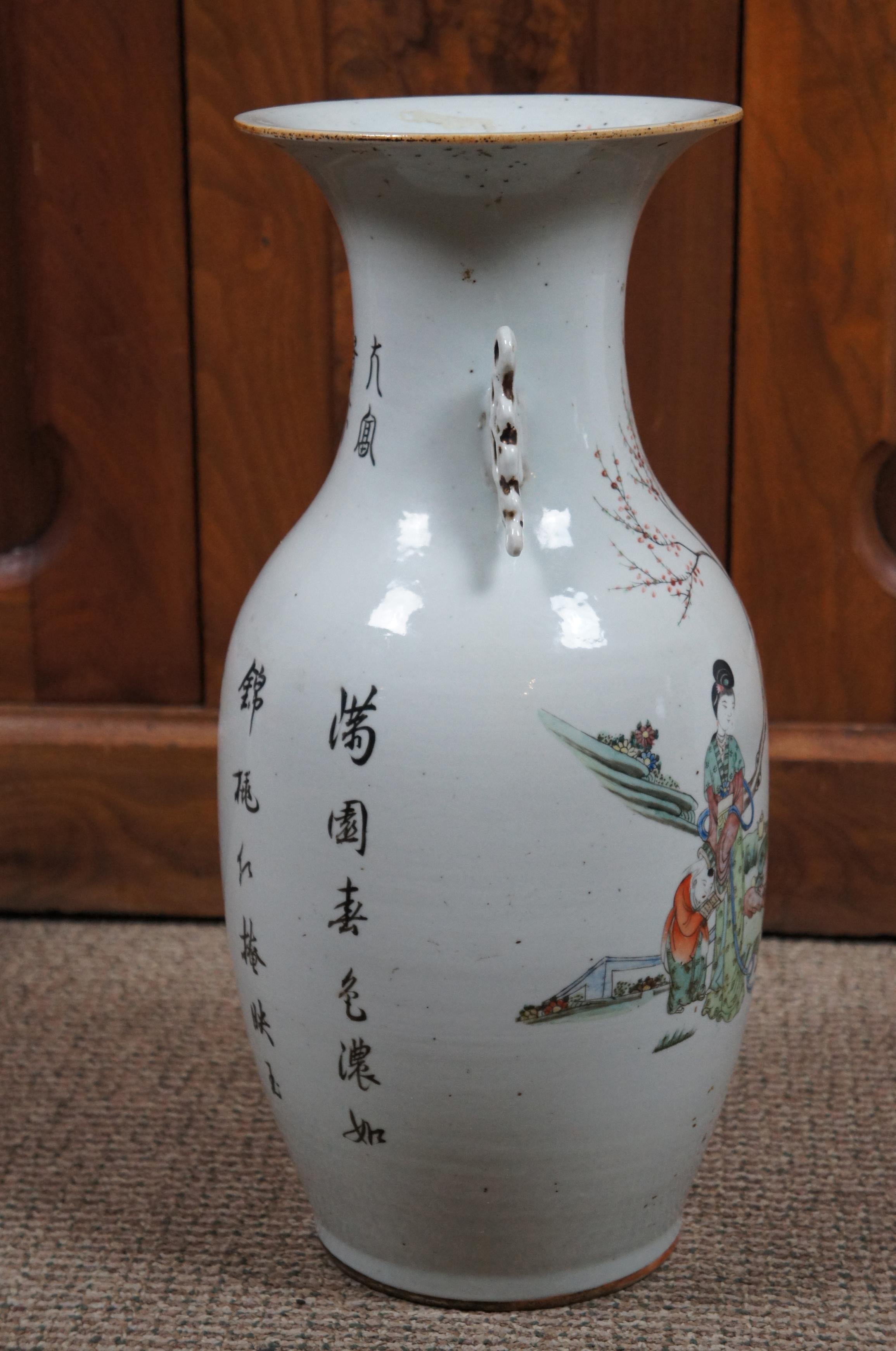 Antique Chinese Famille Rose Polychrome Porcelain Calligraphy Floor Vase Urn In Good Condition For Sale In Dayton, OH