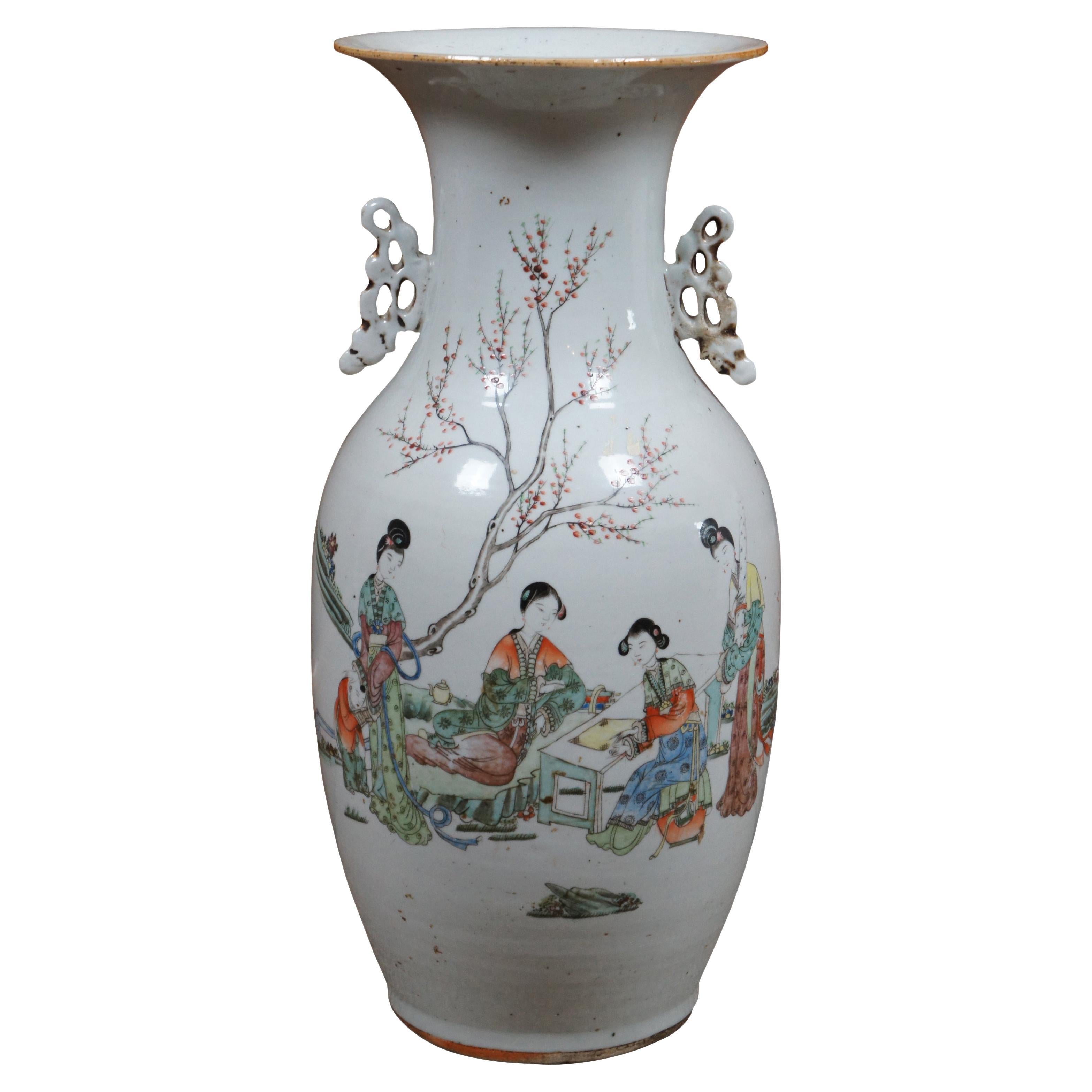 Antique Chinese Famille Rose Polychrome Porcelain Calligraphy Floor Vase Urn