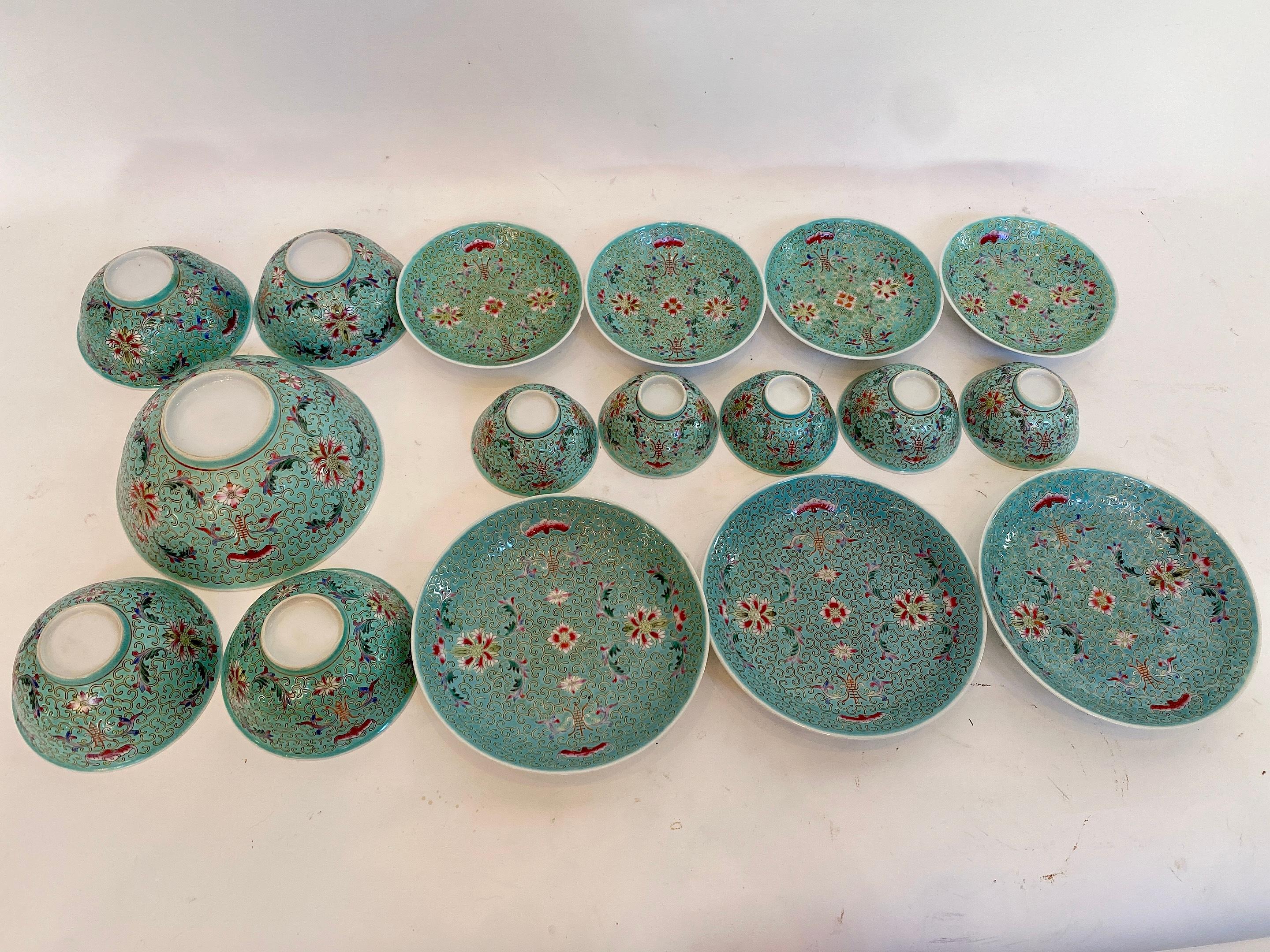Antique Chinese famille rose porcelain 17 pieces set, hand painted, measures: 11.5” x 11.5 x 4 '' see carefully more pictures. 4 bowls 5'' x 2.25'', 3 plates 7.5'' x 1.5'', 4 small plates( 1 has hairline and small chip, another two have a small