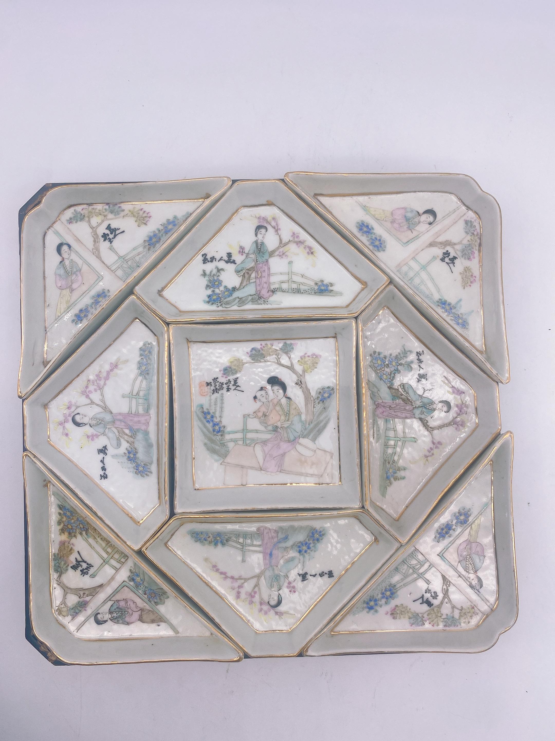 Qing dynasty an antique important Chinese famille rose porcelain 9 pieces sweetmeat dishes set with very beautiful box, hand painted. excellent condition, every piece with meirenruyu in chinese , the middle square piece with Measures: 10.5” x 10.5 x