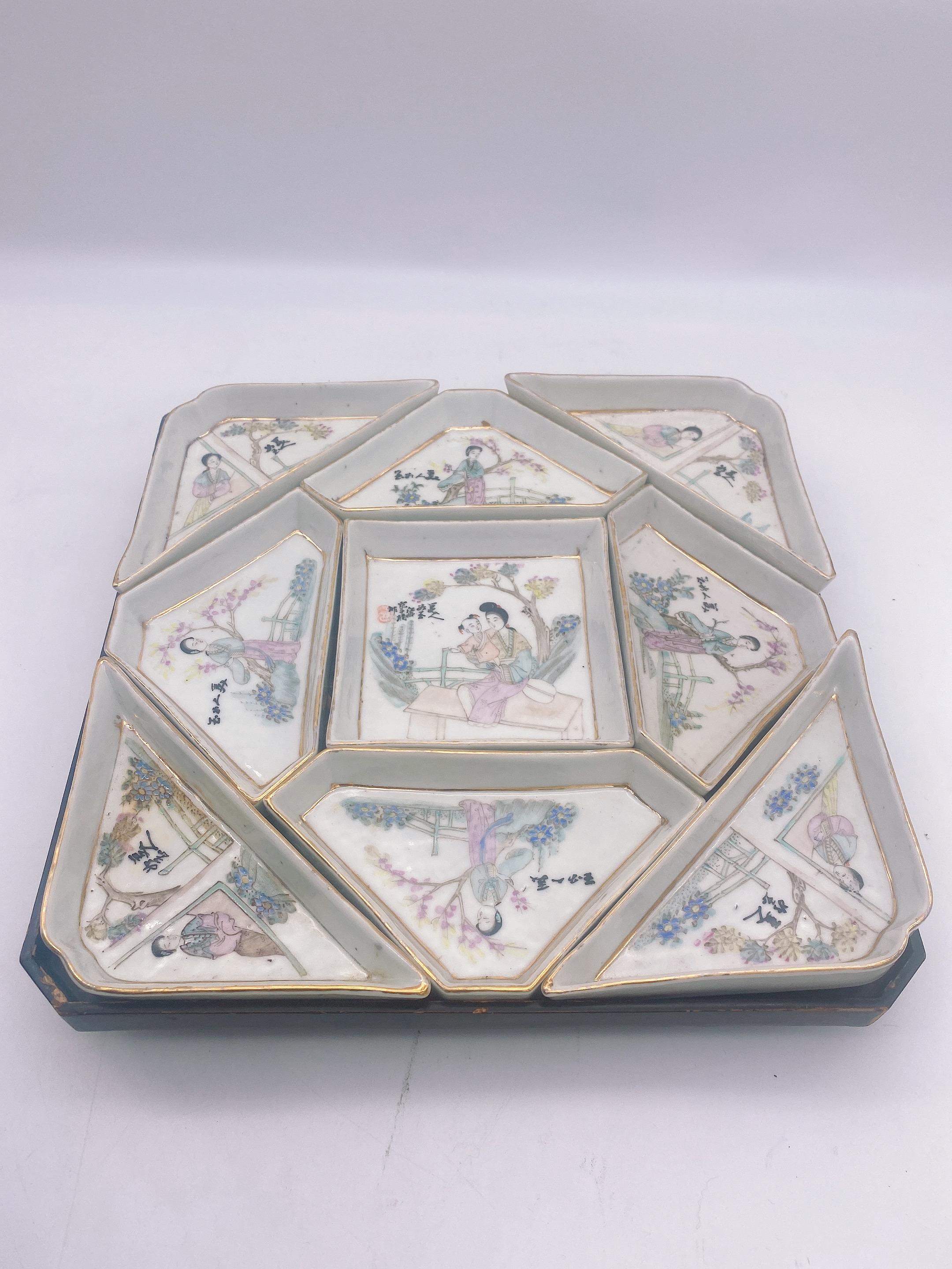 Qing Antique Chinese Famille Rose Porcelain 9 PC Dishes Set For Sale