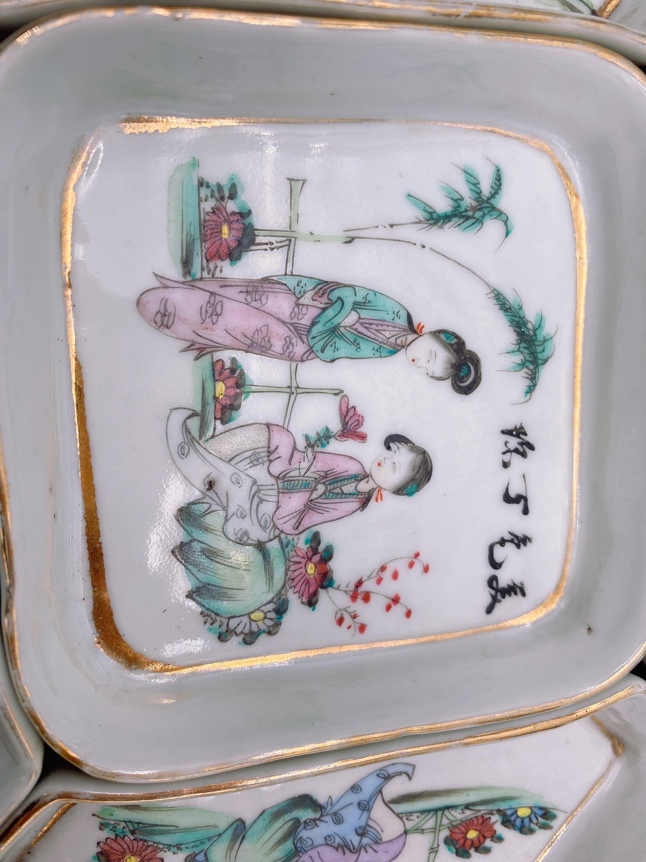 Antique Chinese Famille Rose Porcelain 9 Pc Dishes Set with Rosewood Box 5