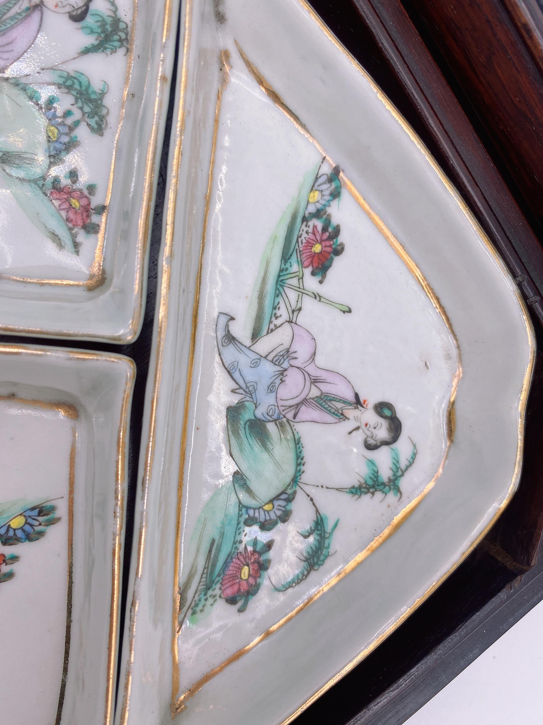 Antigua vajilla china de porcelana Famille Rose de 9 piezas con caja de palisandro 4
