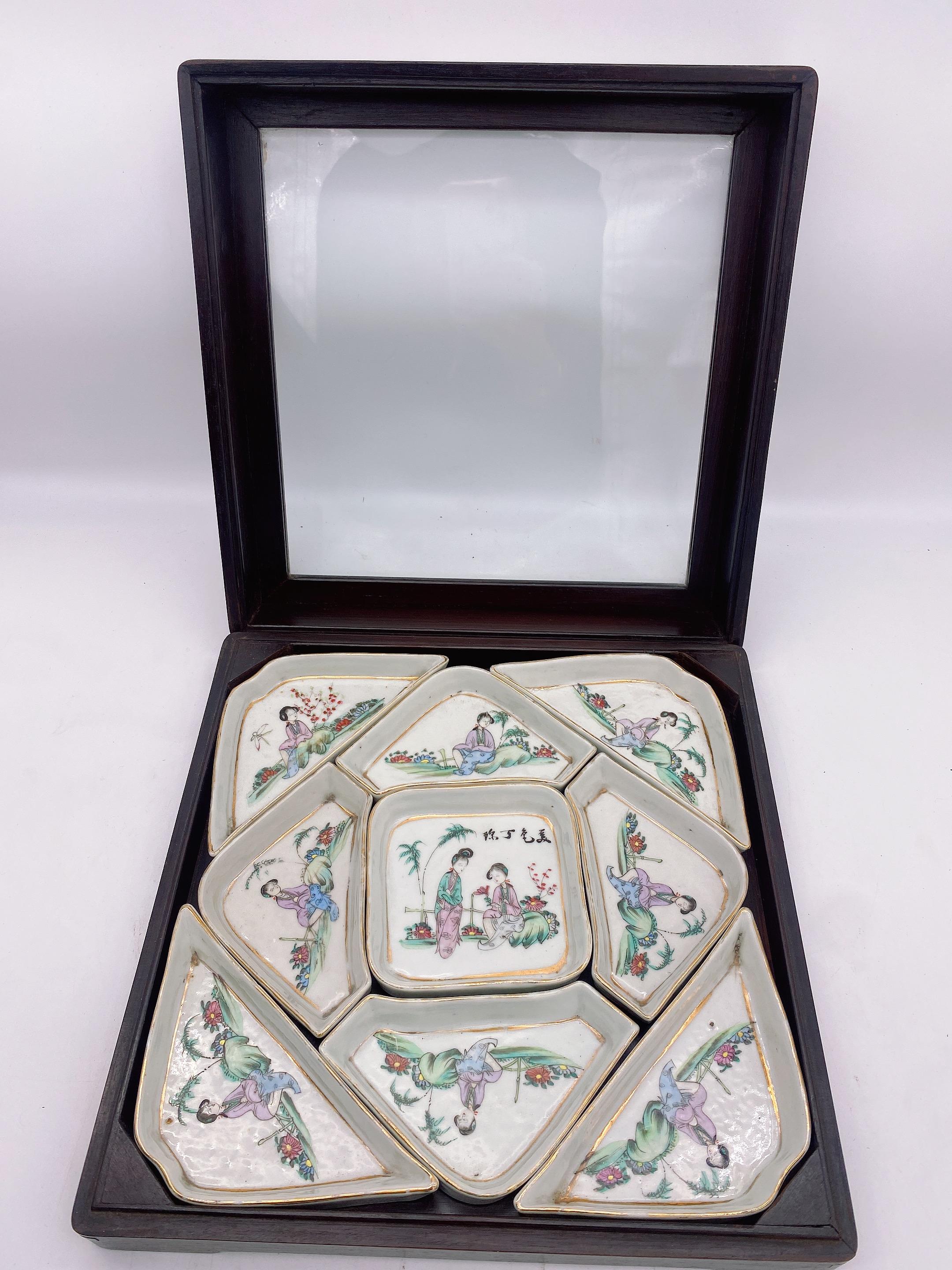 Antigua vajilla china de porcelana Famille Rose de 9 piezas con caja de palisandro 6