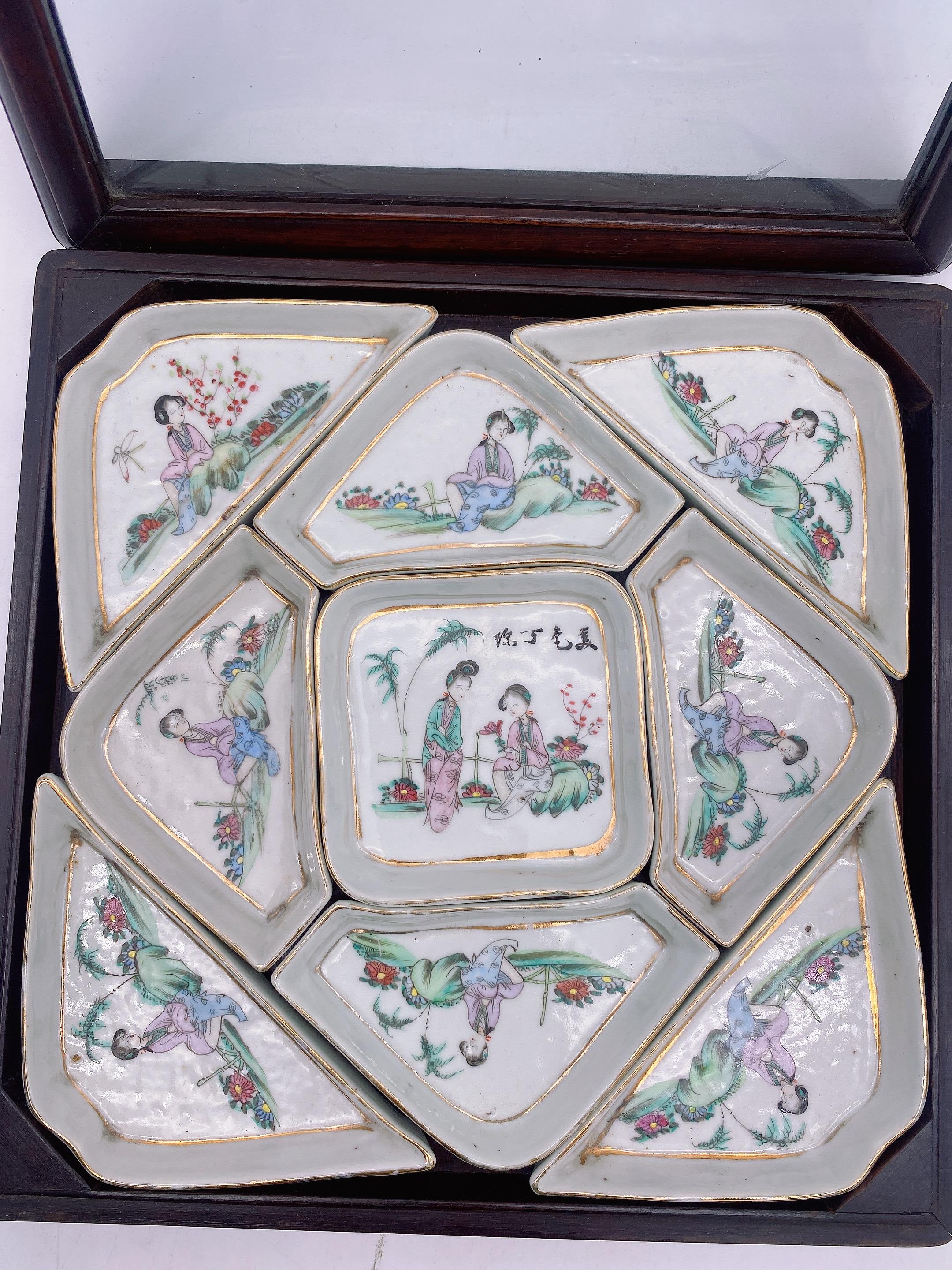 Antique Chinese Famille Rose Porcelain 9 Pc Dishes Set with Rosewood Box 10