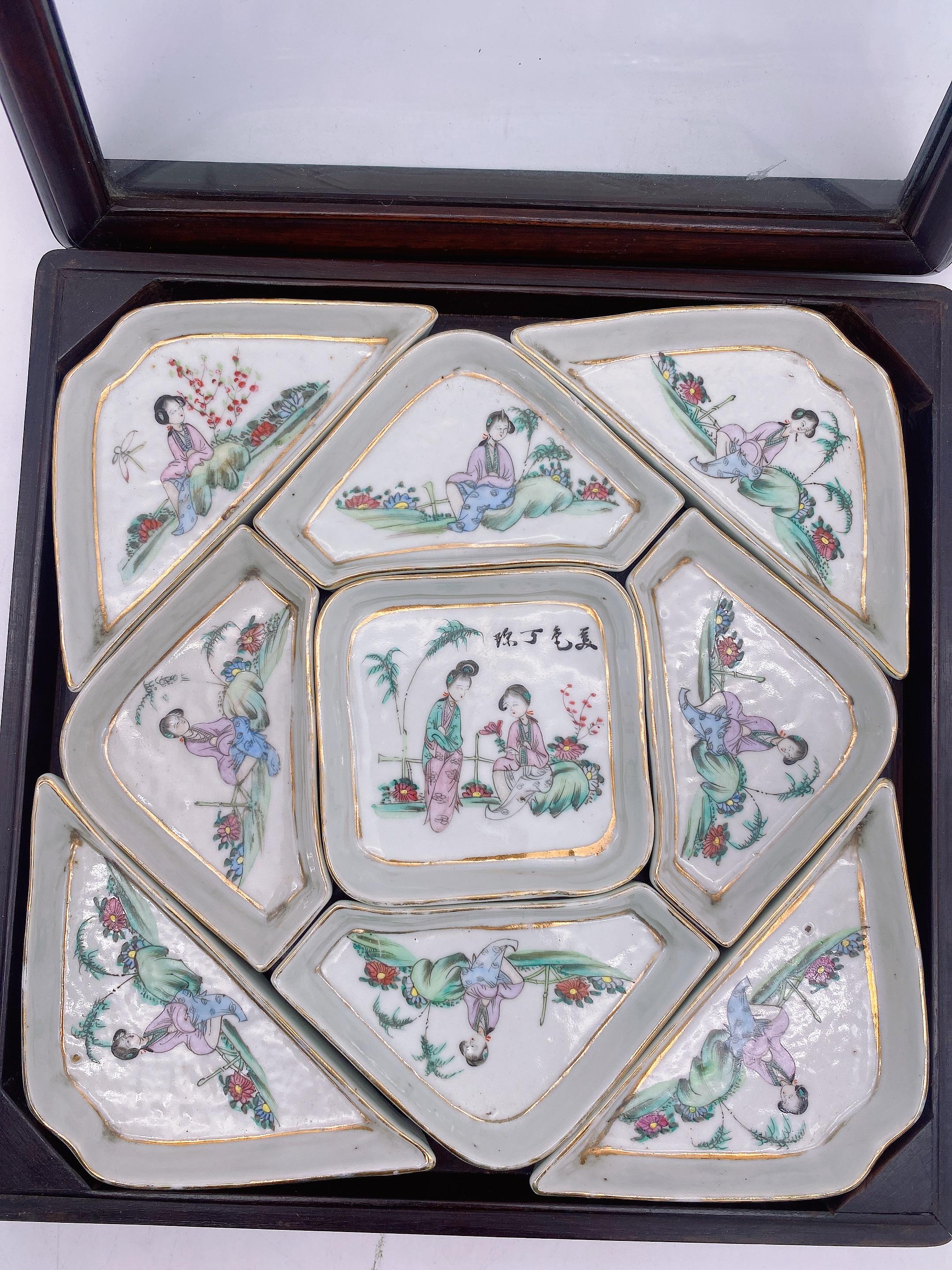 Antigua vajilla china de porcelana Famille Rose de 9 piezas con caja de palisandro 7