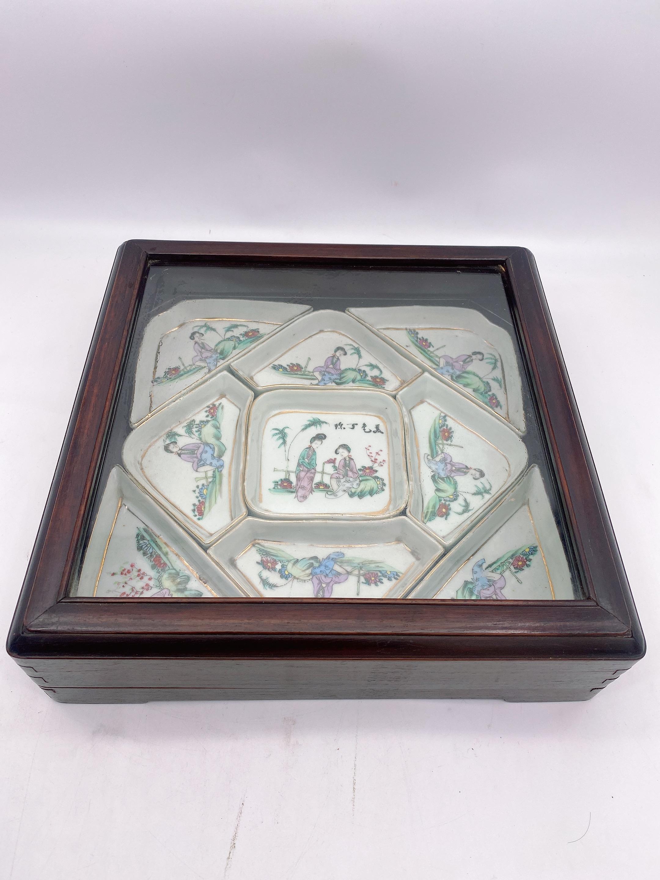 Qing dynasty an antique important Chinese famille rose porcelain 9 pieces sweetmeat dishes set with very beautiful box, hand painted. Excellent condition, every piece with meirenruyu in chinese, the middle square piece with measures: 10.5” x 10.5 x