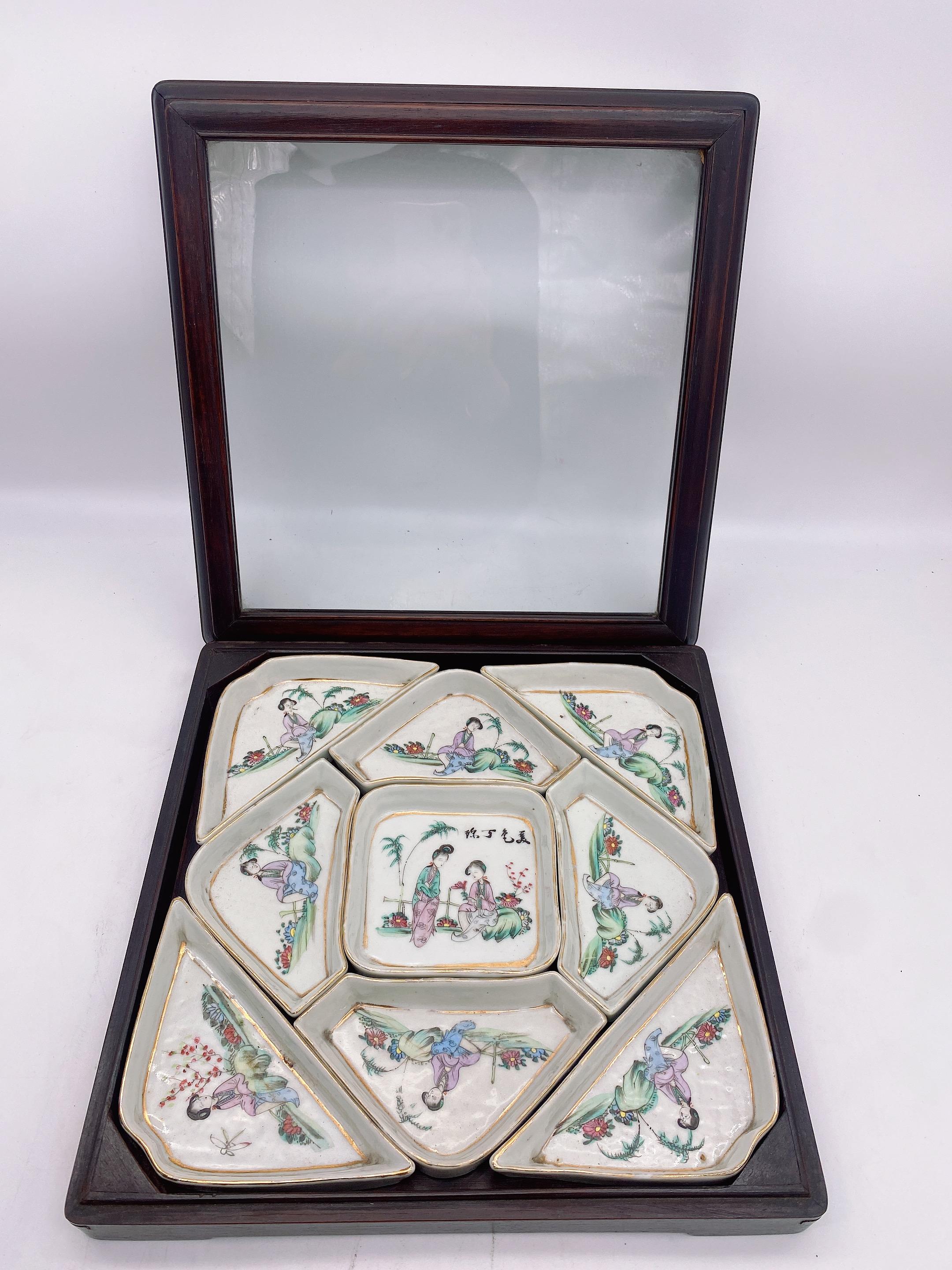 Carved Antique Chinese Famille Rose Porcelain 9 Pc Dishes Set with Rosewood Box